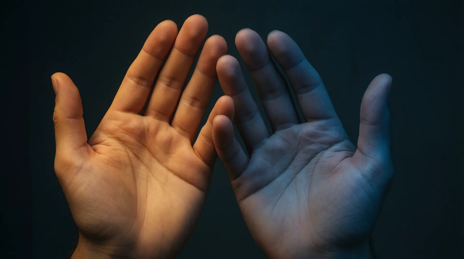 Two open palms facing each other against a dark background, one hand lit by warm amber light, the other by cool blue, not quite touching