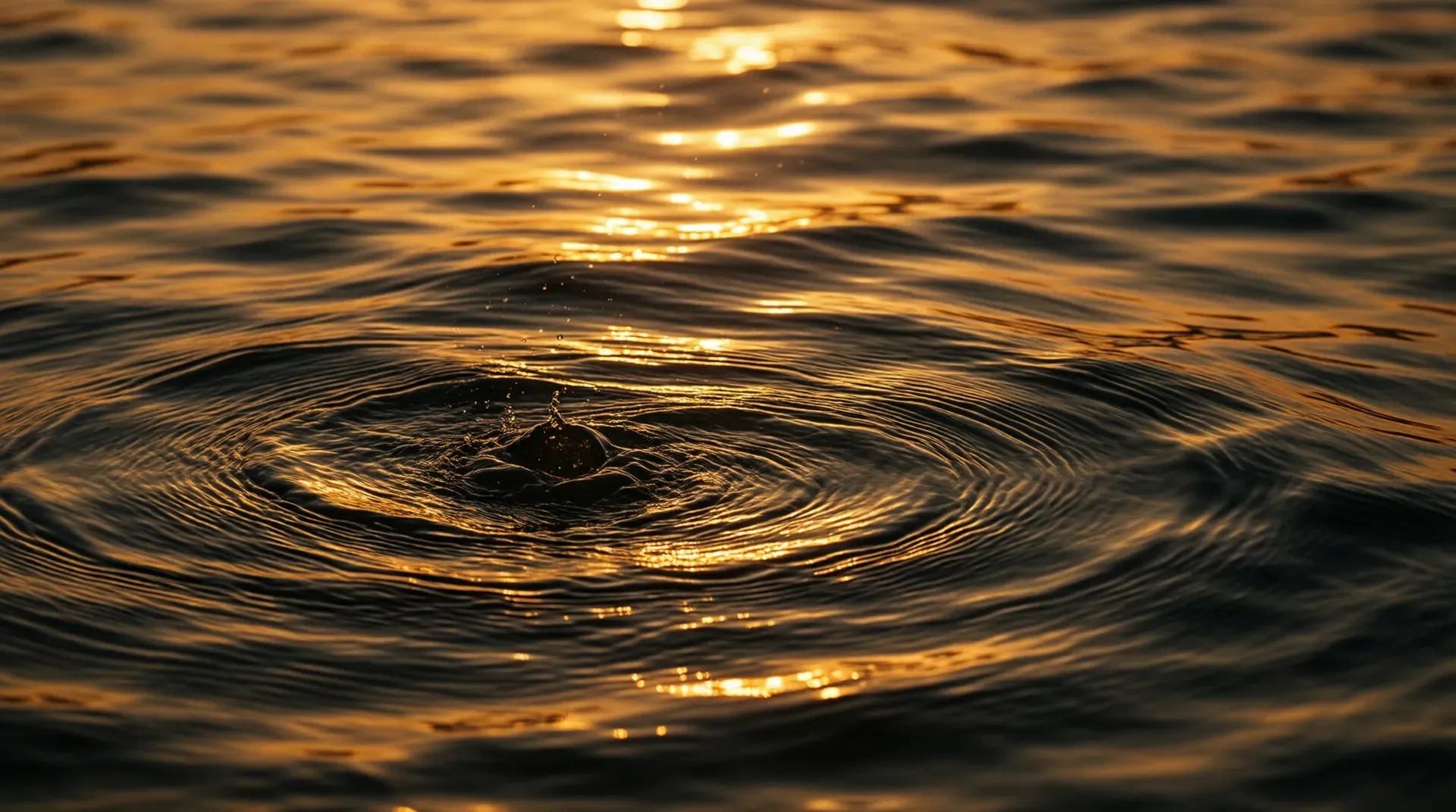 Close view of concentric water ripples spreading from a central point of impact, lit by warm amber evening light
