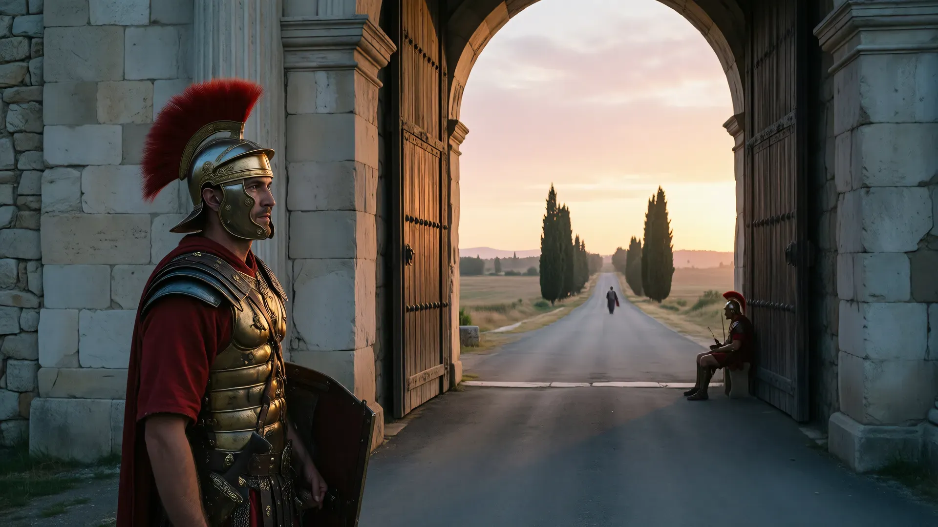 A Roman centurion in full armour stands guard at a stone archway at dusk, a long road lined with cypress trees stretching into the distance behind him