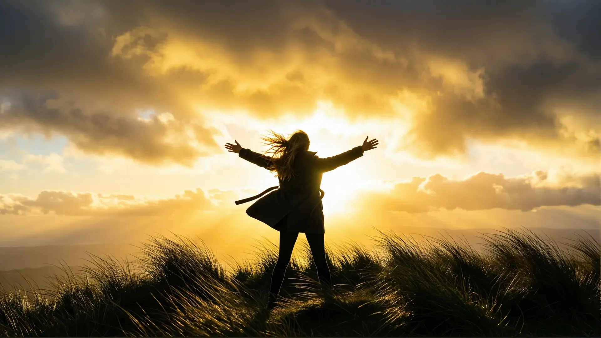 A lone figure silhouetted on a windswept ridge at golden hour, coat and hair streaming, arms opening toward a turbulent bright sky