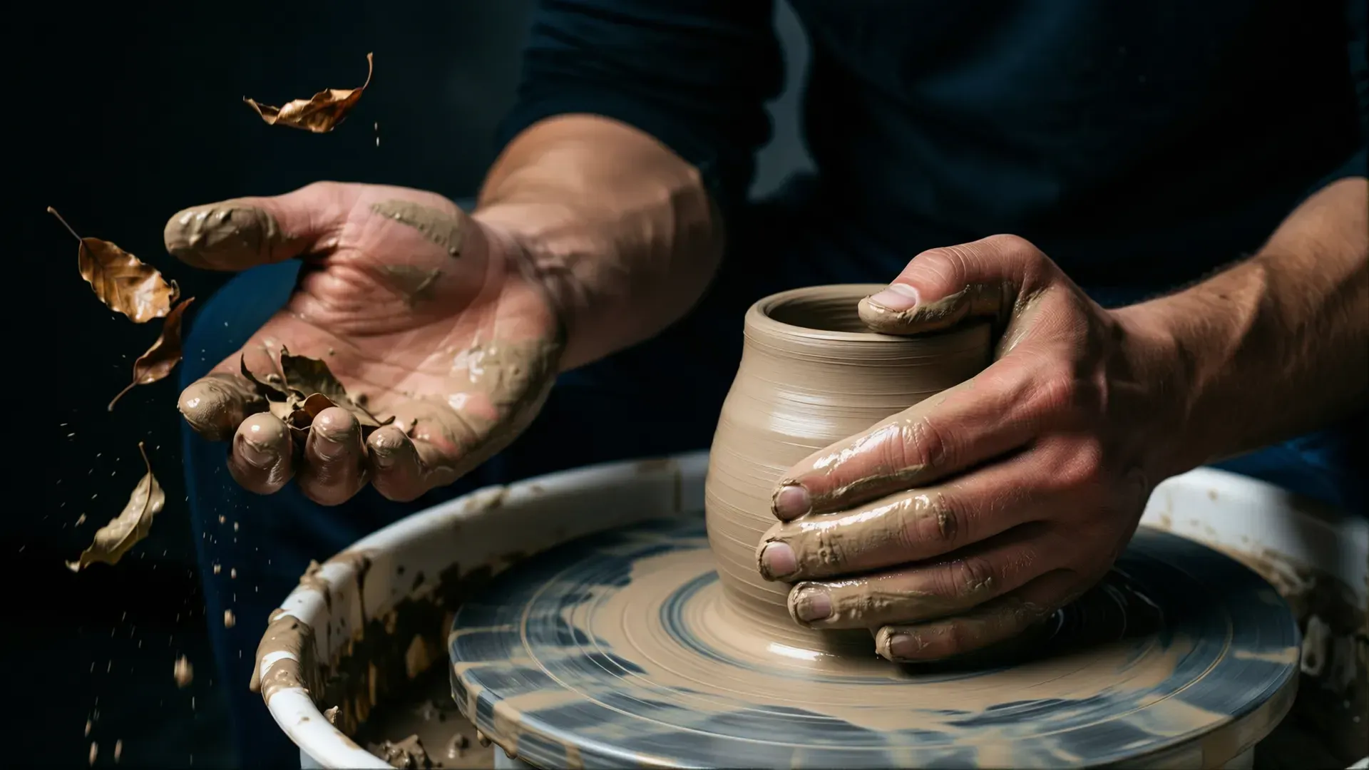 One open hand releasing dry leaves into shadow while the other shapes wet clay on a wheel — letting go of what you can't change, working what you can.