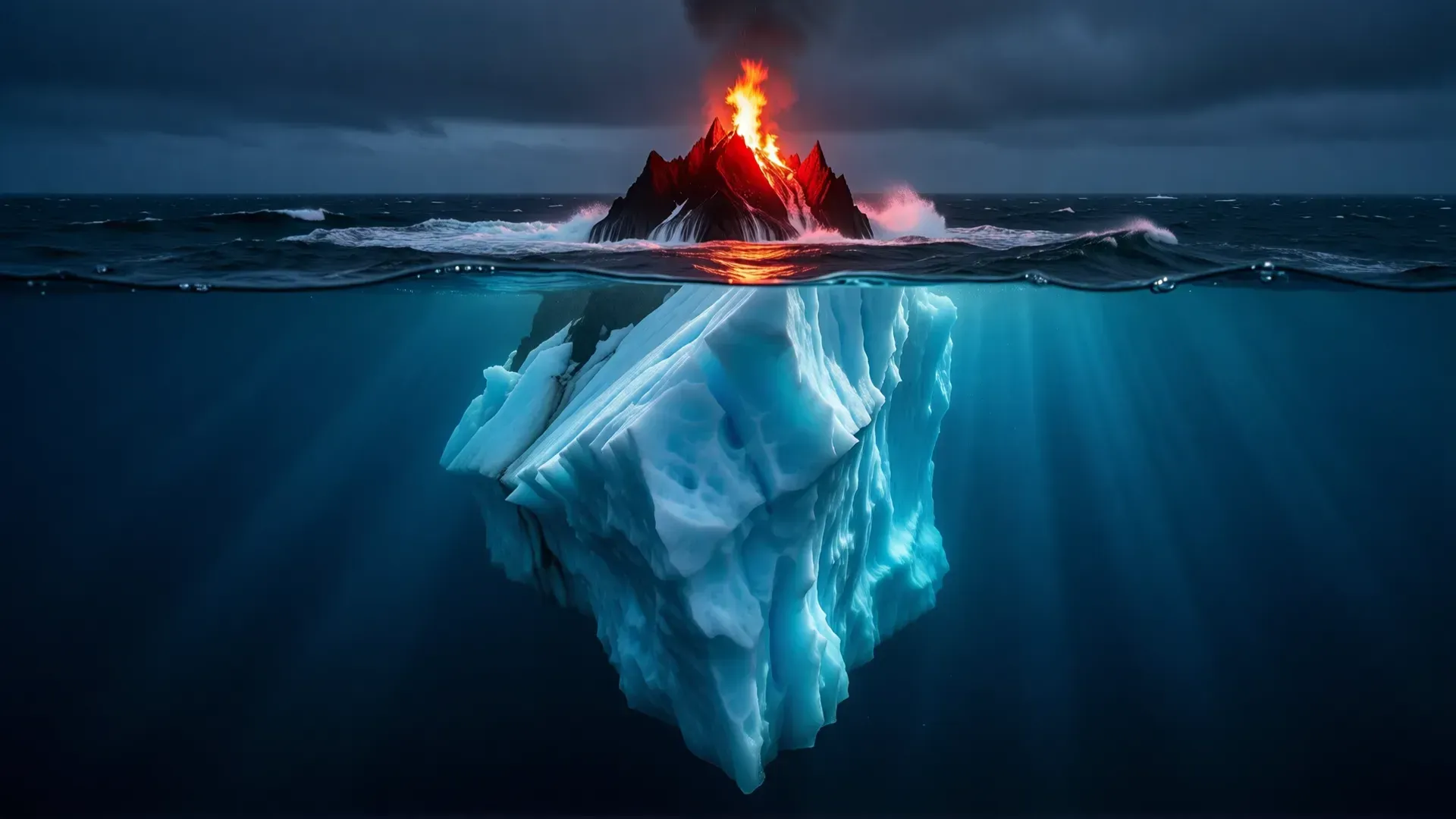 An iceberg with a small flaming red peak above the waterline and a vast glowing blue mass submerged in shadow below — anger as the visible tip of a hidden emotion