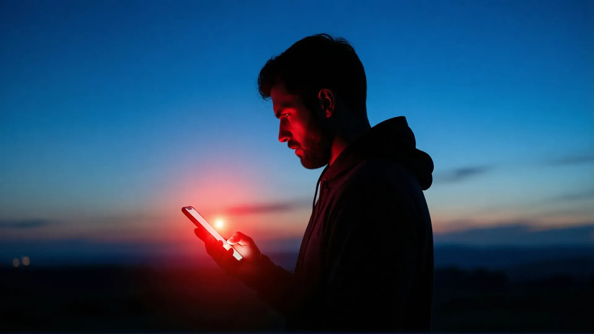 Silhouette of a person at dusk staring at a phone whose screen glows alarm-red against a calm blue twilight sky