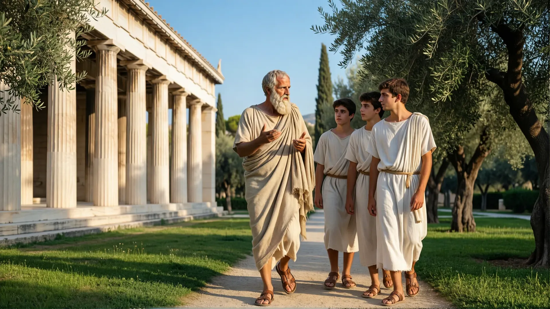 An elder bearded philosopher in a wool himation walking and teaching three young students along a colonnade of white marble columns in an ancient Greek garden