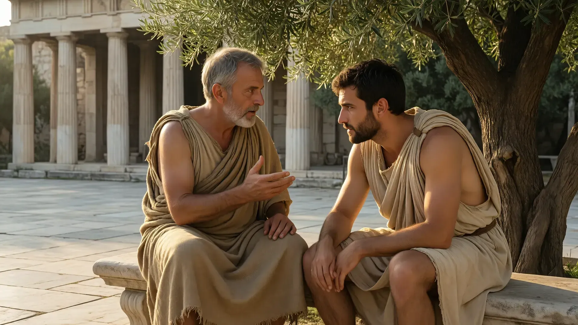 Two men seated on a stone bench in the Athenian agora — an older grey-haired man gestures mid-conversation while the younger man listens with full attention, an olive tree and Doric stoa columns in the background, late afternoon light