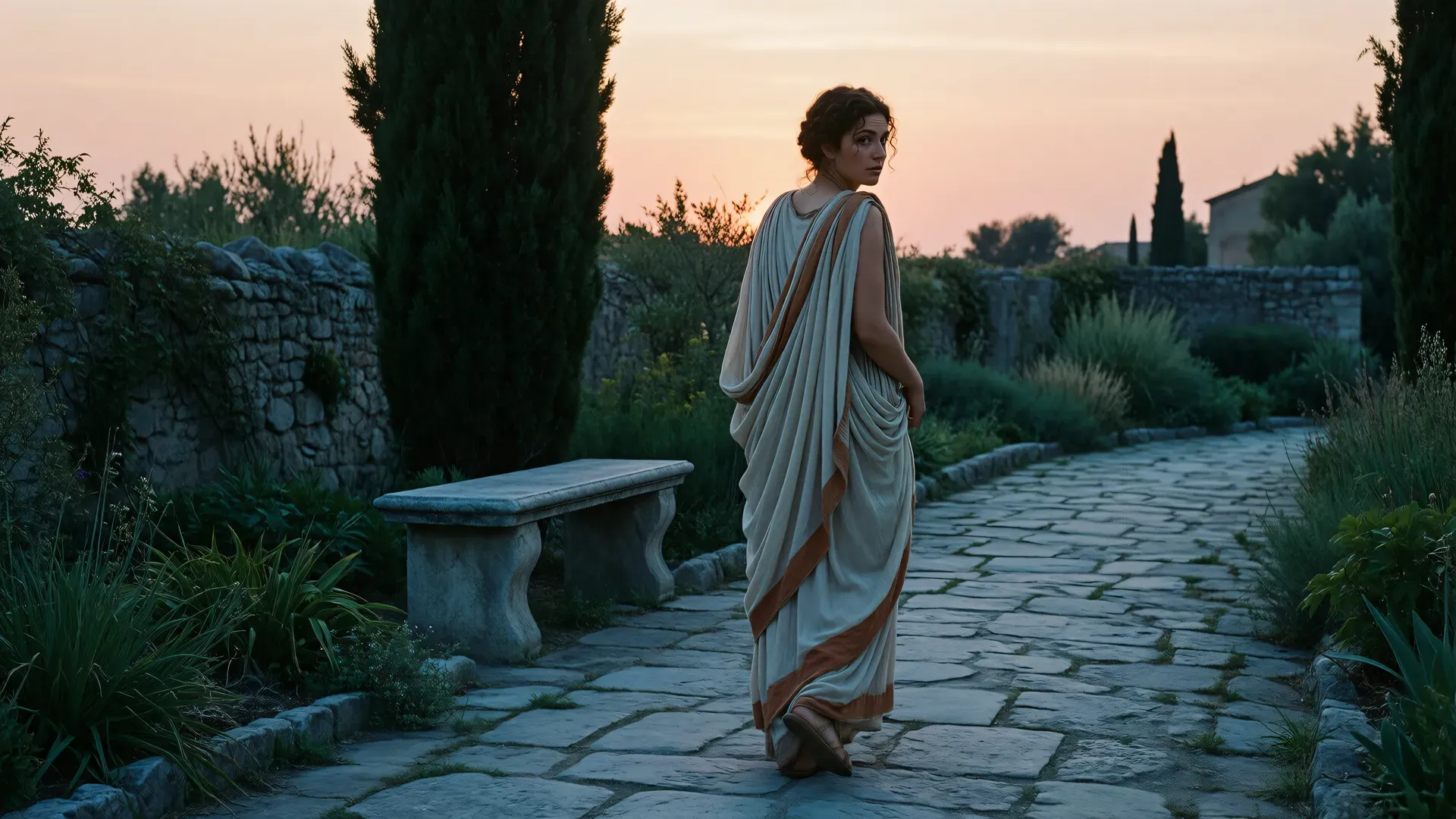 Roman woman in a garden at dusk, turning back to look at an empty stone bench beside a cypress tree, the path ahead continuing into the fading light.