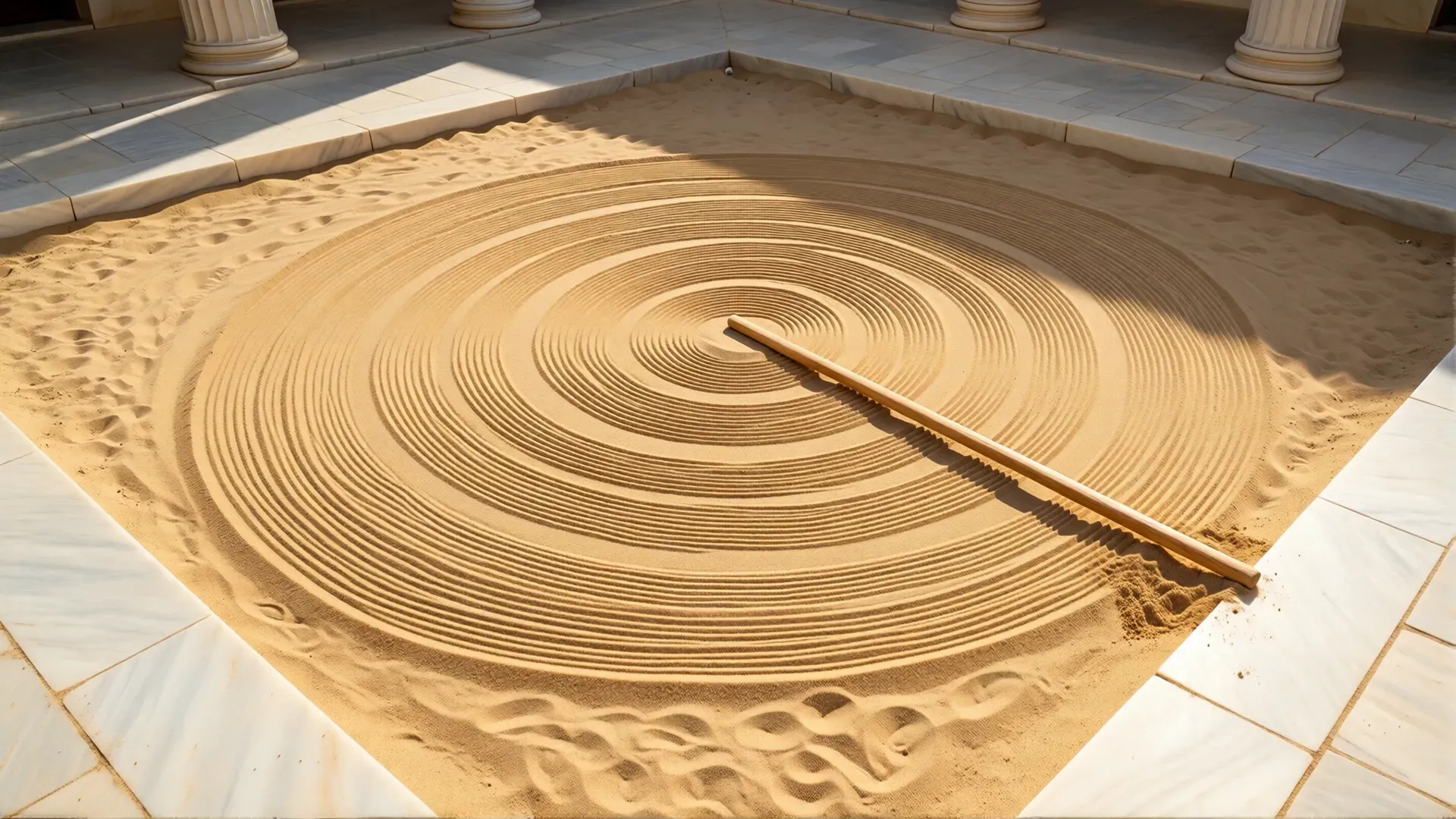 Concentric circles raked into a sand court framed by pale marble paving and columns, a wooden rake resting across them — Hierocles' circles of belonging