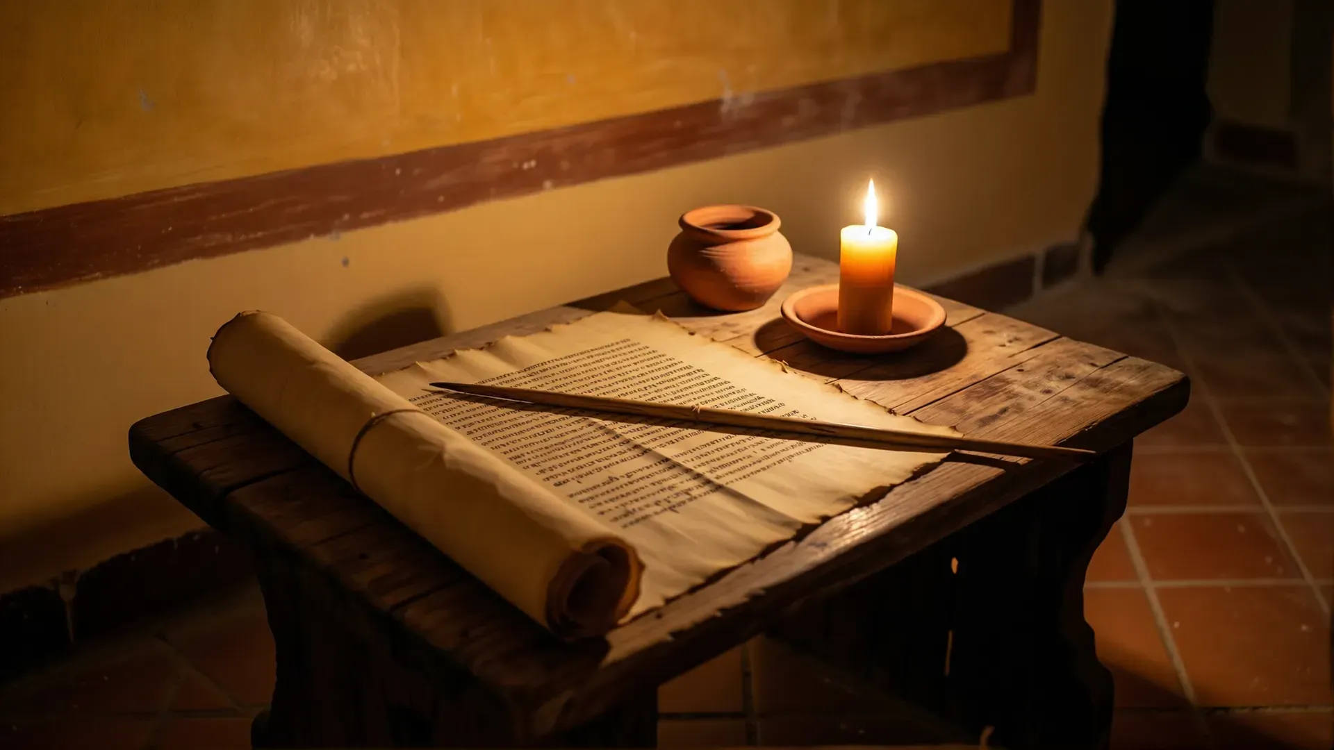 An unrolled papyrus scroll covered in handwriting on a wooden table at night, with a reed pen, a terracotta ink pot, and a single candle in a clay dish.