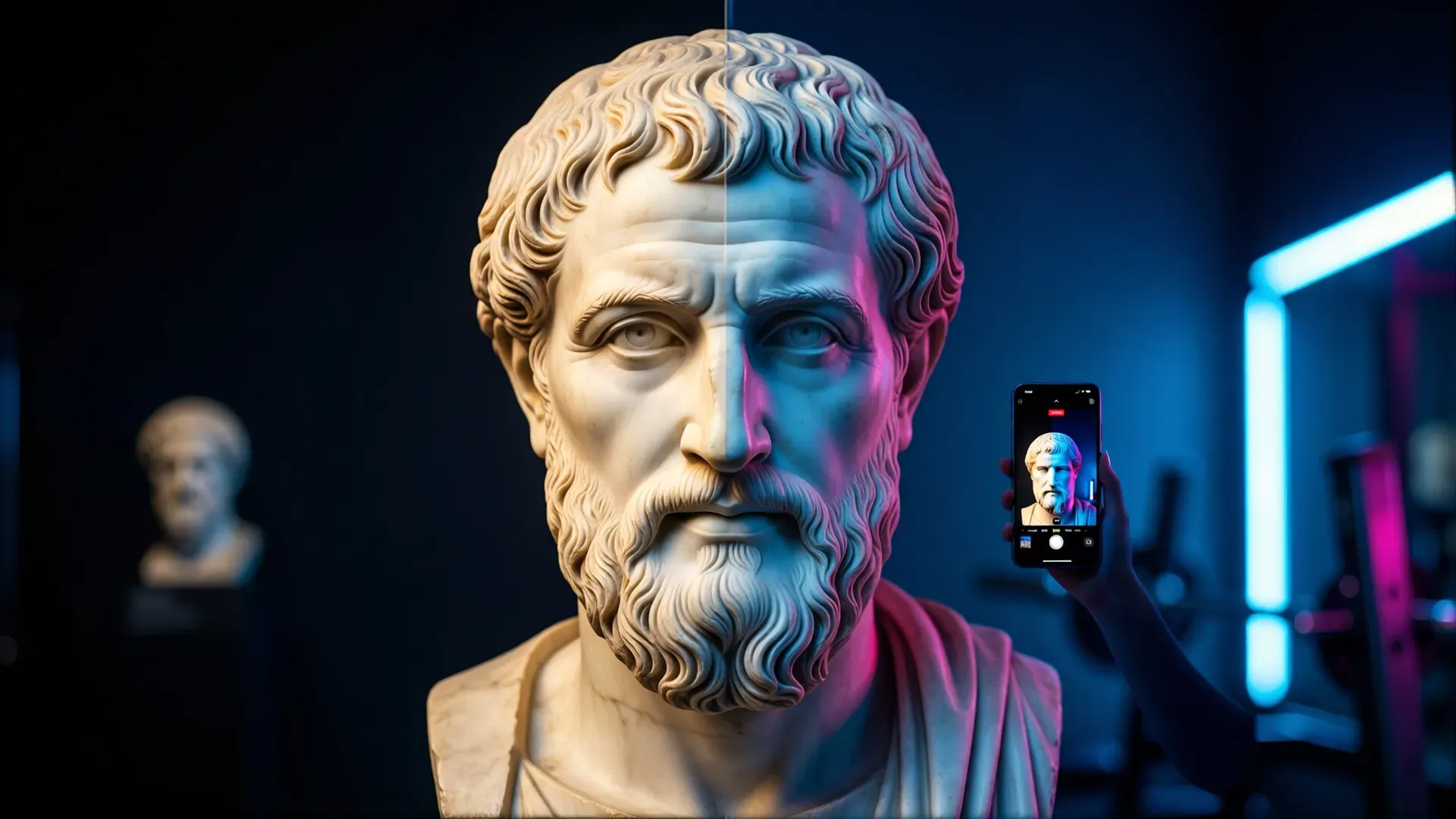 A classical marble bust of a bearded philosopher lit half in warm light and half in cold neon, being filmed on a smartphone in a darkened gym