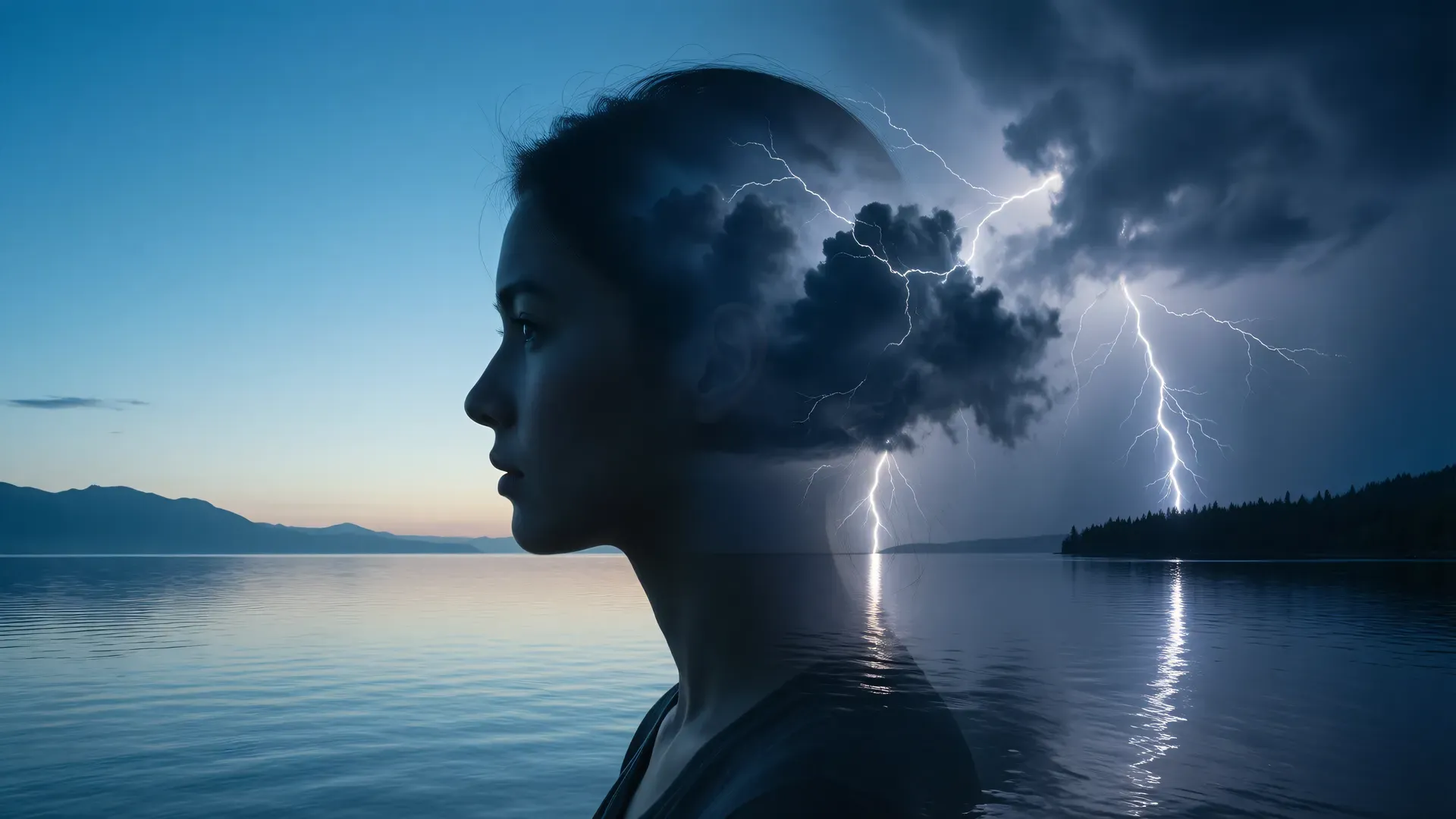 A woman's profile in double exposure — calm clear sky over still water on one side, a dark lightning storm over a treeline on the other, representing the calm and catastrophic mind
