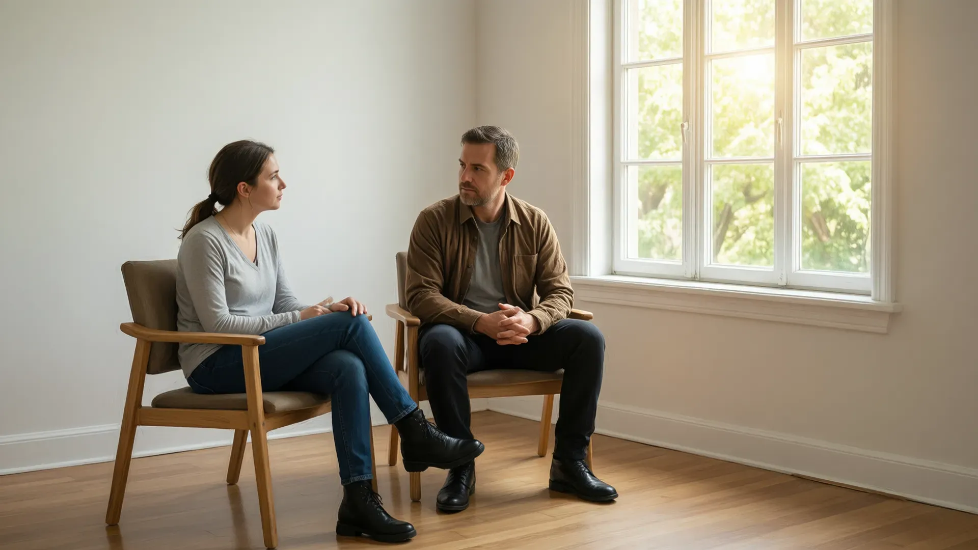 Two people seated in wooden chairs facing each other in a sparse room with natural window light