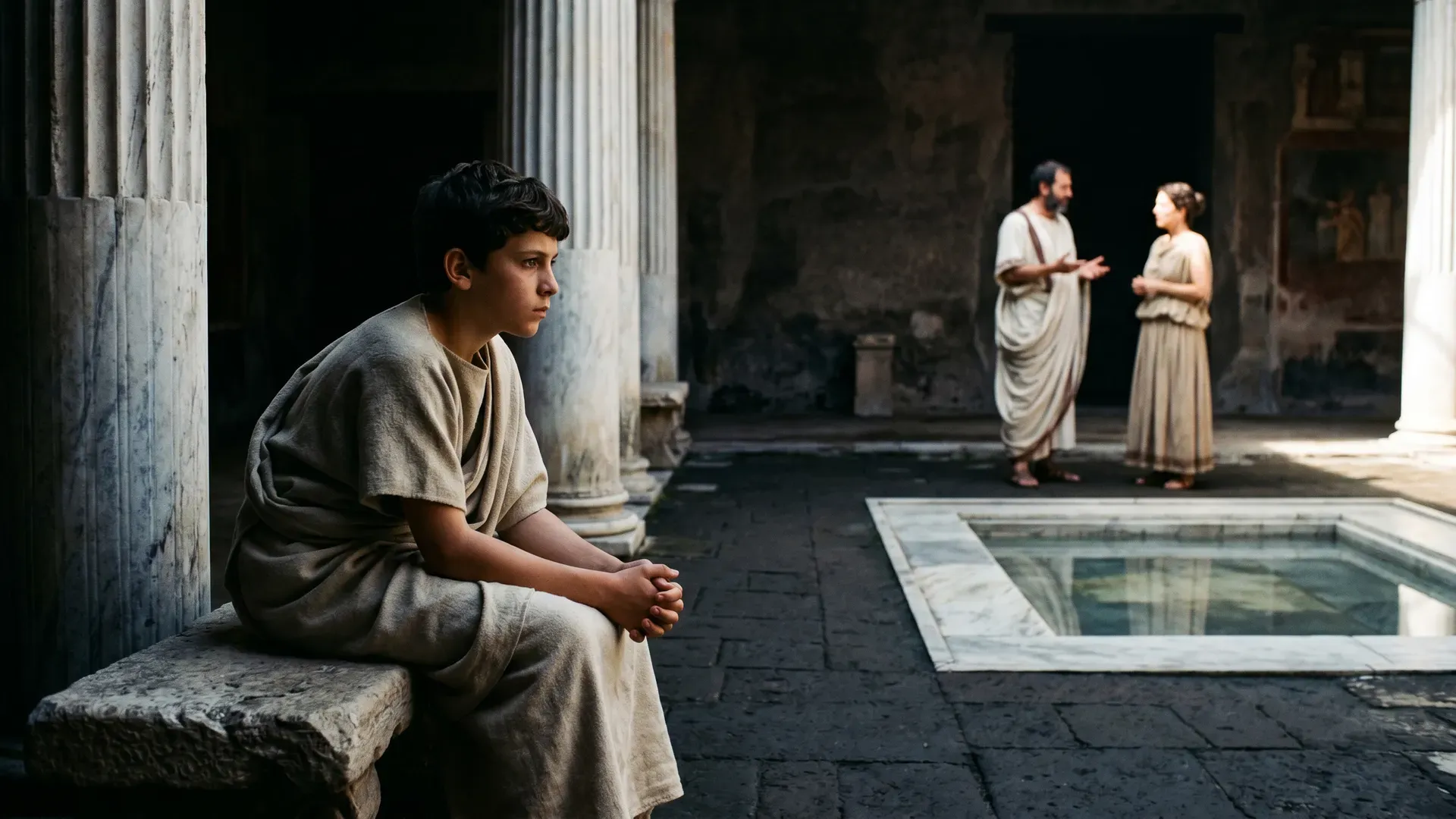 A Roman youth sits alone on a stone bench in an atrium, hands clasped, watching two adults in conversation across the courtyard