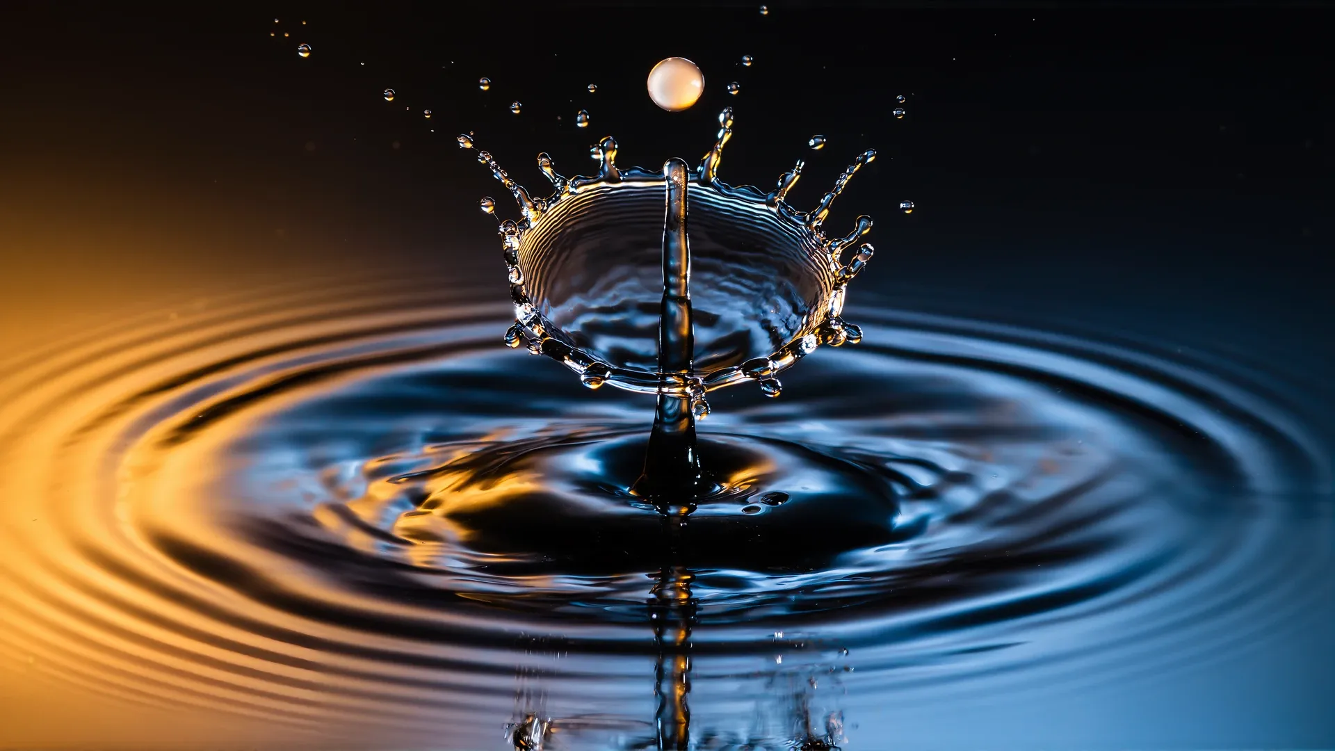 A high-speed photograph of a water droplet's impact: a symmetrical crown of liquid has risen from the surface with a ring of separate droplets suspended in mid-air above it, none of them yet fallen, while ripples spread outward across the water.