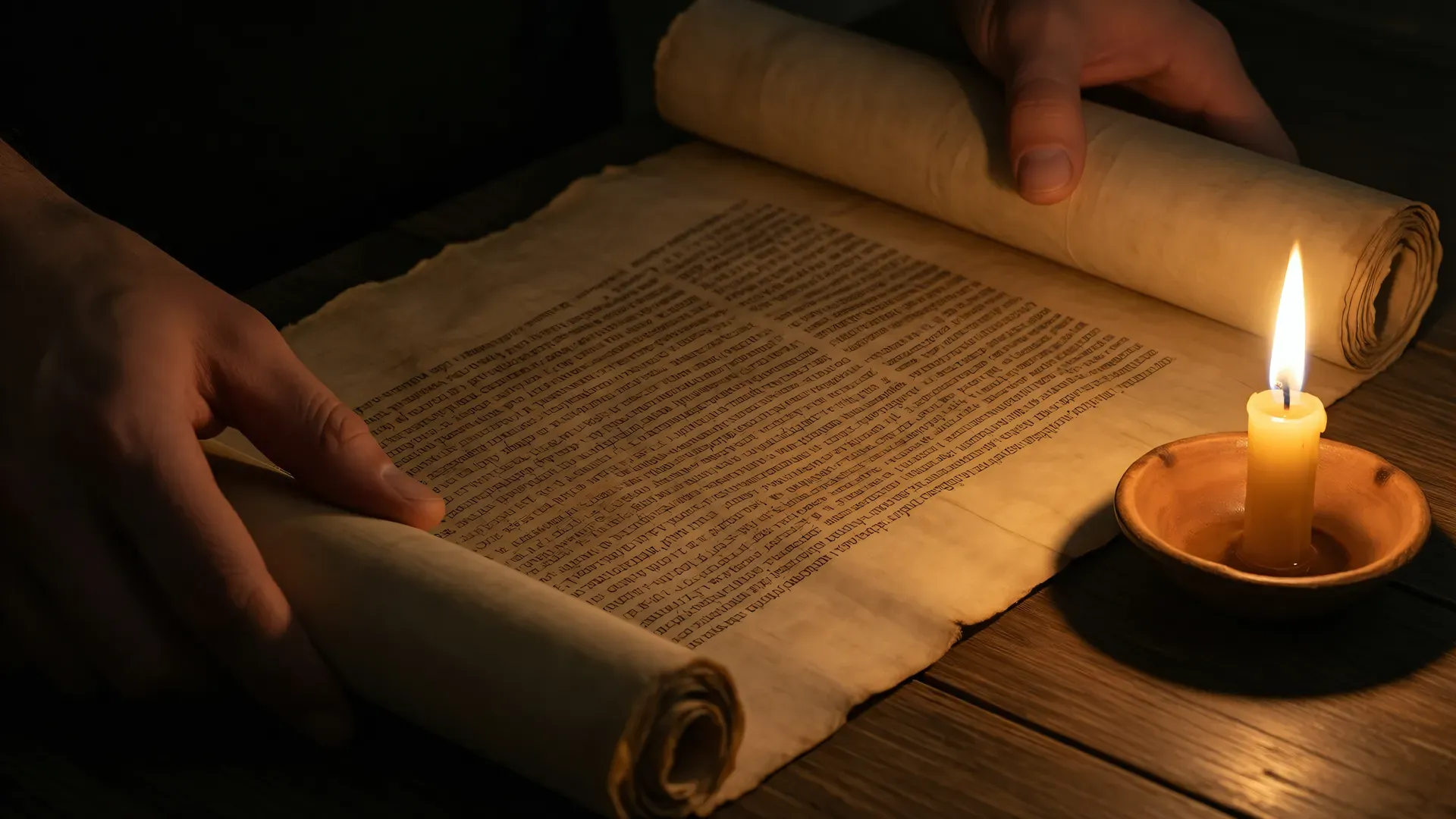 Hands unrolling an ancient papyrus scroll covered in dense handwritten text, illuminated by a small candle flame in a clay dish on a wooden surface