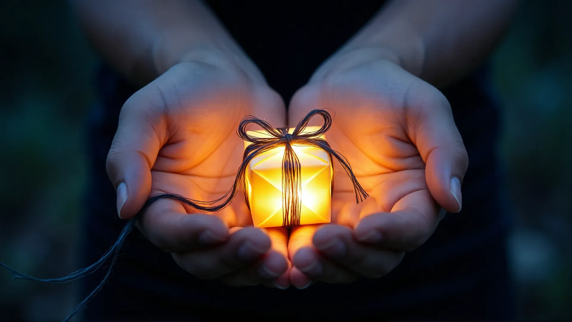 Two open hands offering a small glowing gift bound in dark threads that trail back like a tether — a gift that is also a leash