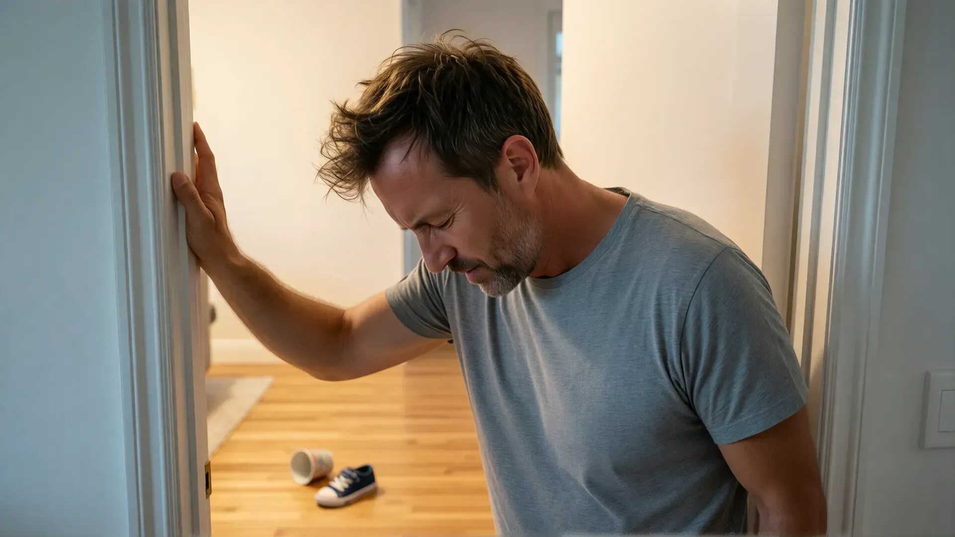 A father pausing in a doorway, one hand on the frame and his head bowed, catching himself before reacting, a child's toppled cup out of focus behind him