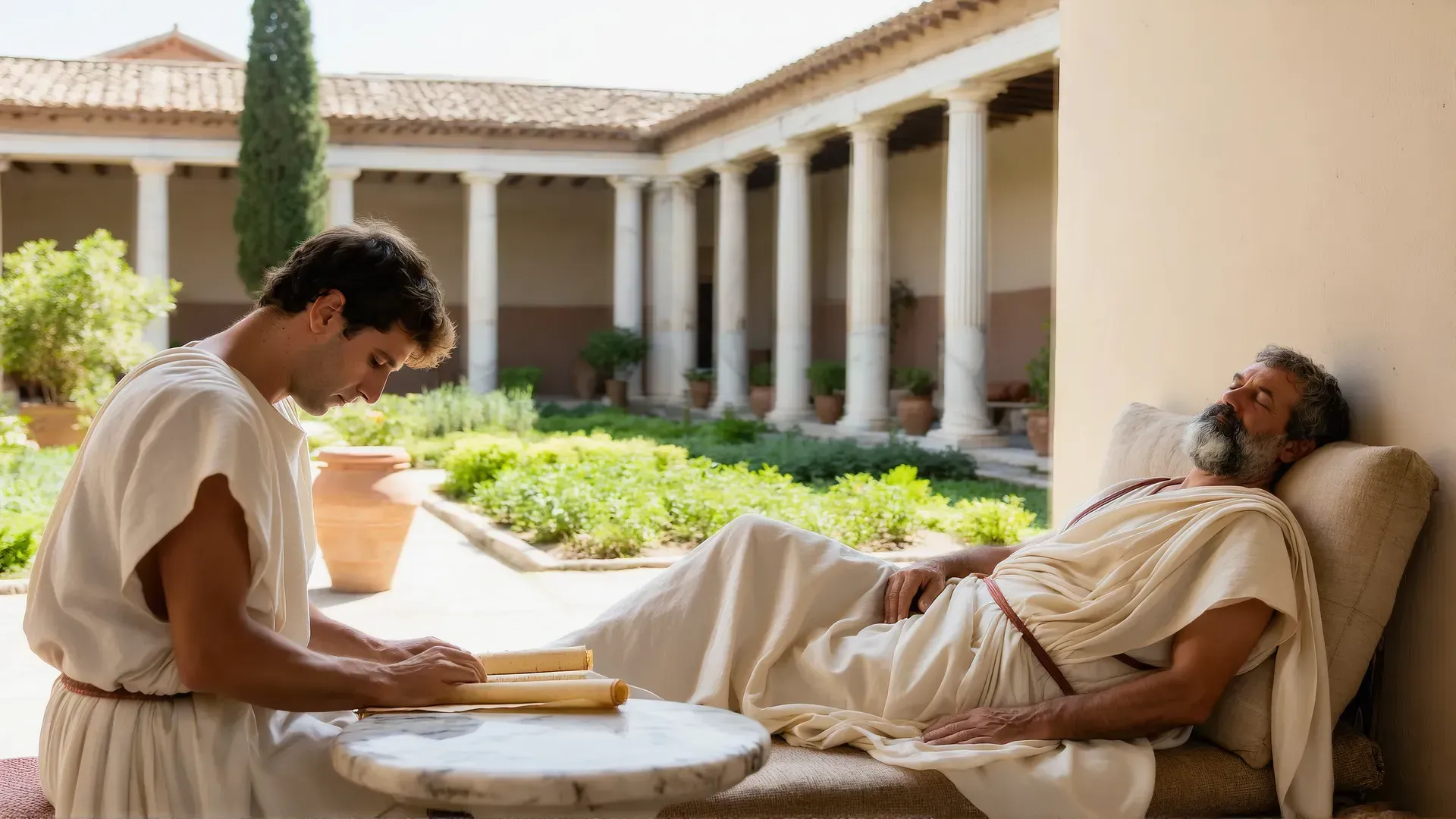 A young man in a white tunic reading a papyrus scroll at a marble table in a sunlit Roman peristyle garden, while an older bearded man in a toga reclines at rest on a cushioned couch nearby