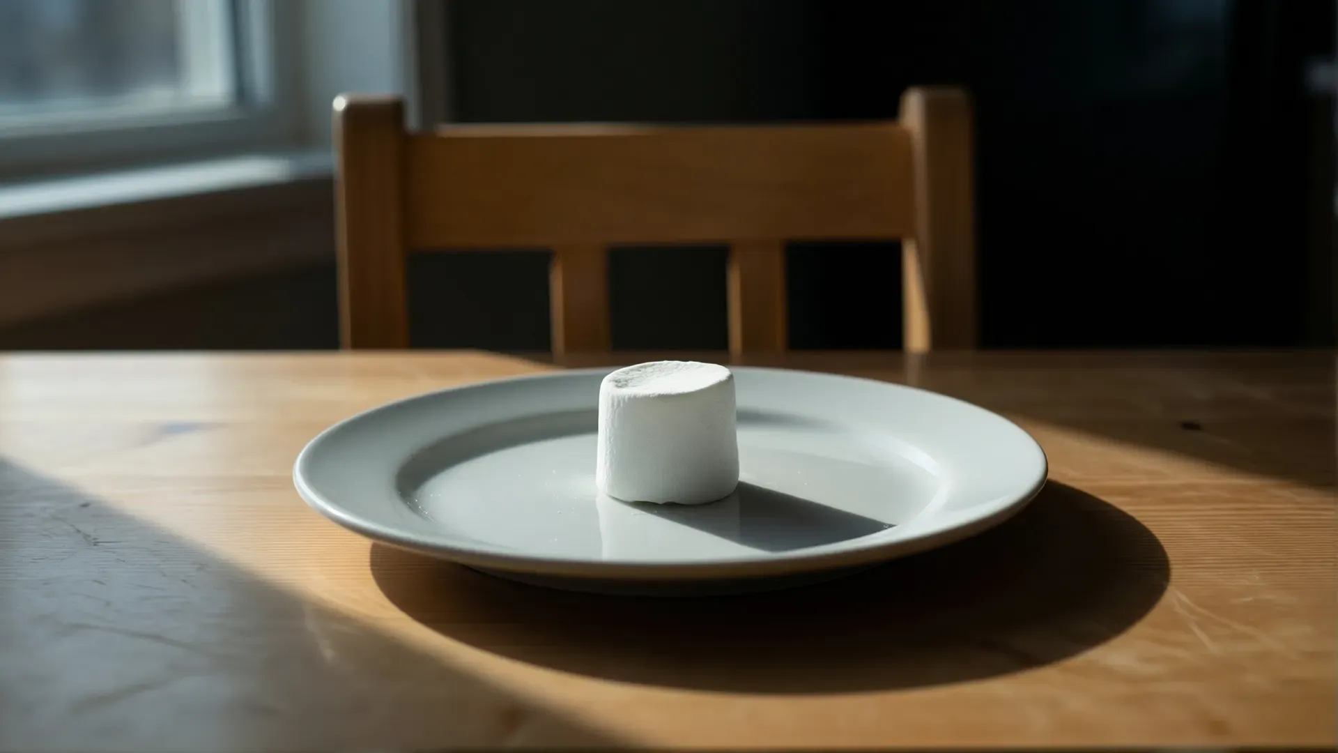 A single marshmallow on a plain plate on a wooden table, an empty chair behind it, lit by hard side light casting a long shadow