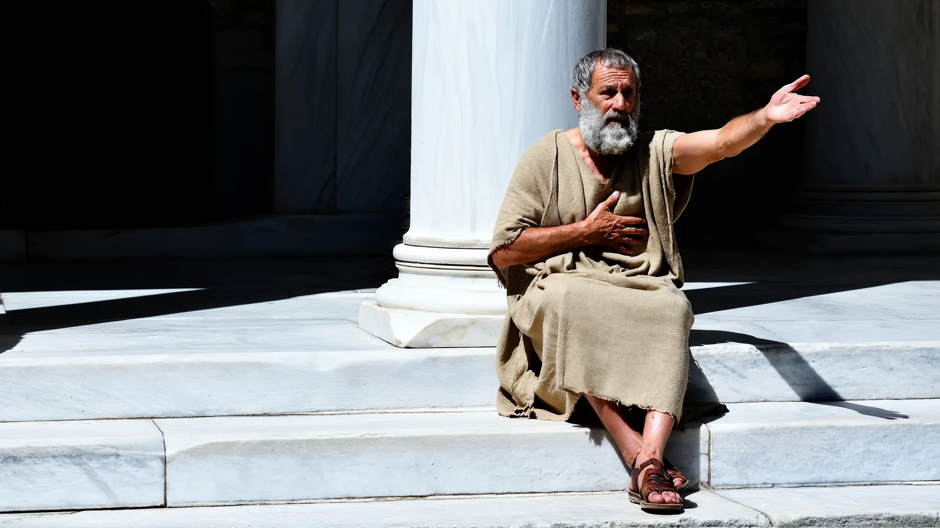 An elderly Stoic philosopher on sunlit marble steps in stark midday light, one hand pressed to his heart and the other raised open in release, hard black shadows splitting the white stone — the dichotomy of control between what is his and what is not.