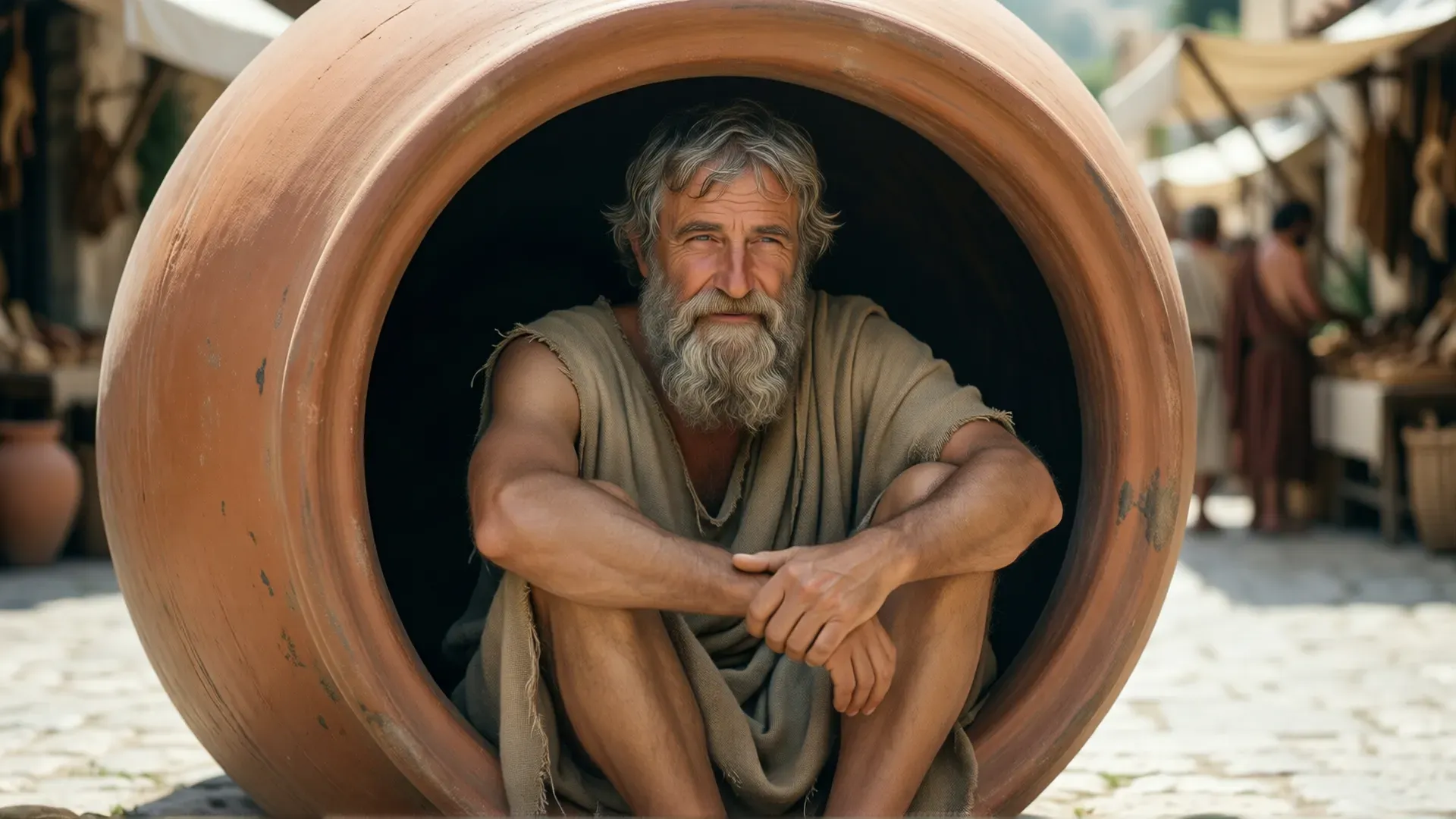 A ragged, bearded ancient Greek philosopher sitting contentedly inside a large tipped terracotta storage jar in a sunlit Athenian marketplace, at ease and unbothered
