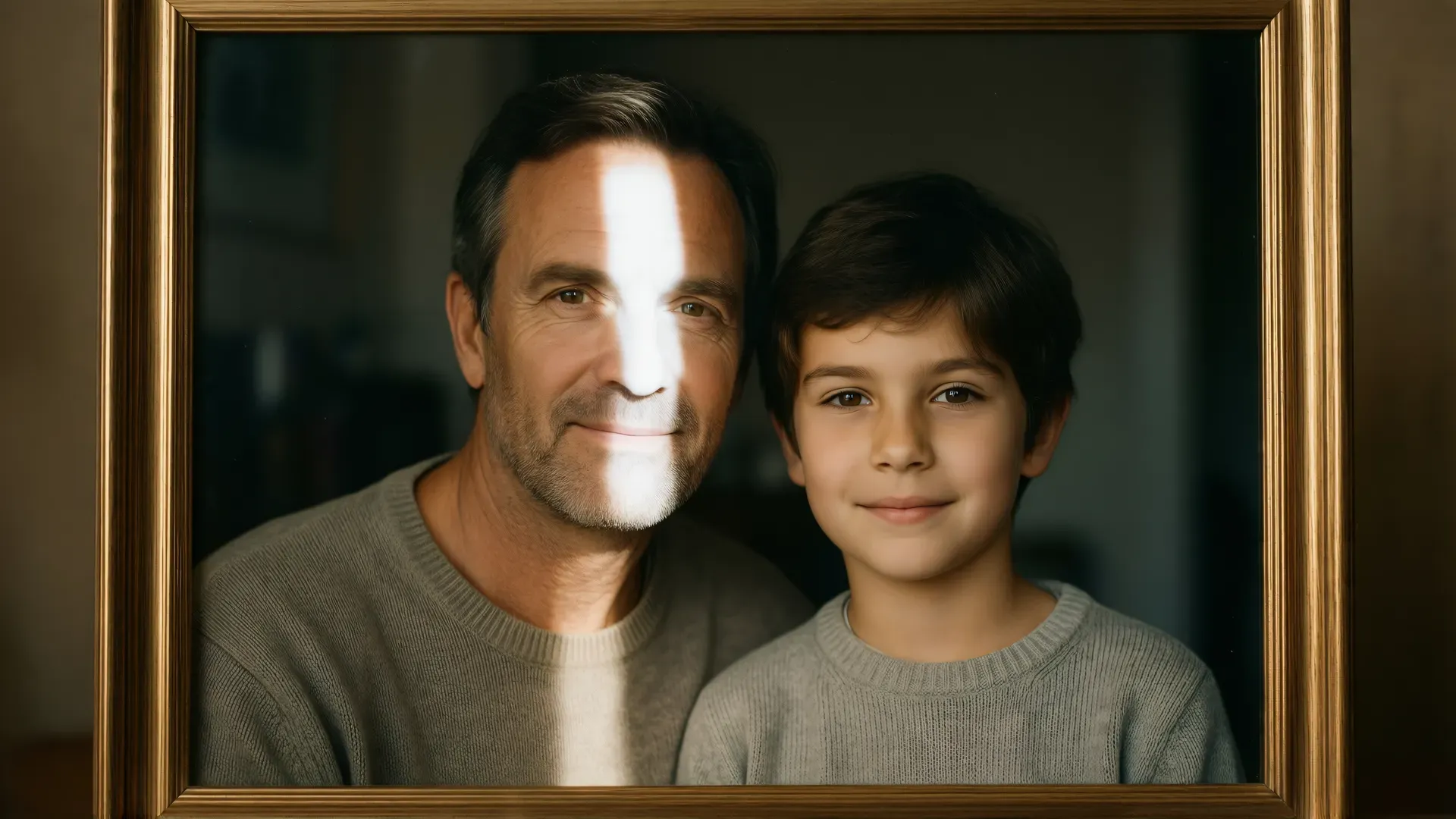 A framed family photograph of a parent and child, a streak of glare falling across the parent's face so it can't quite be made out