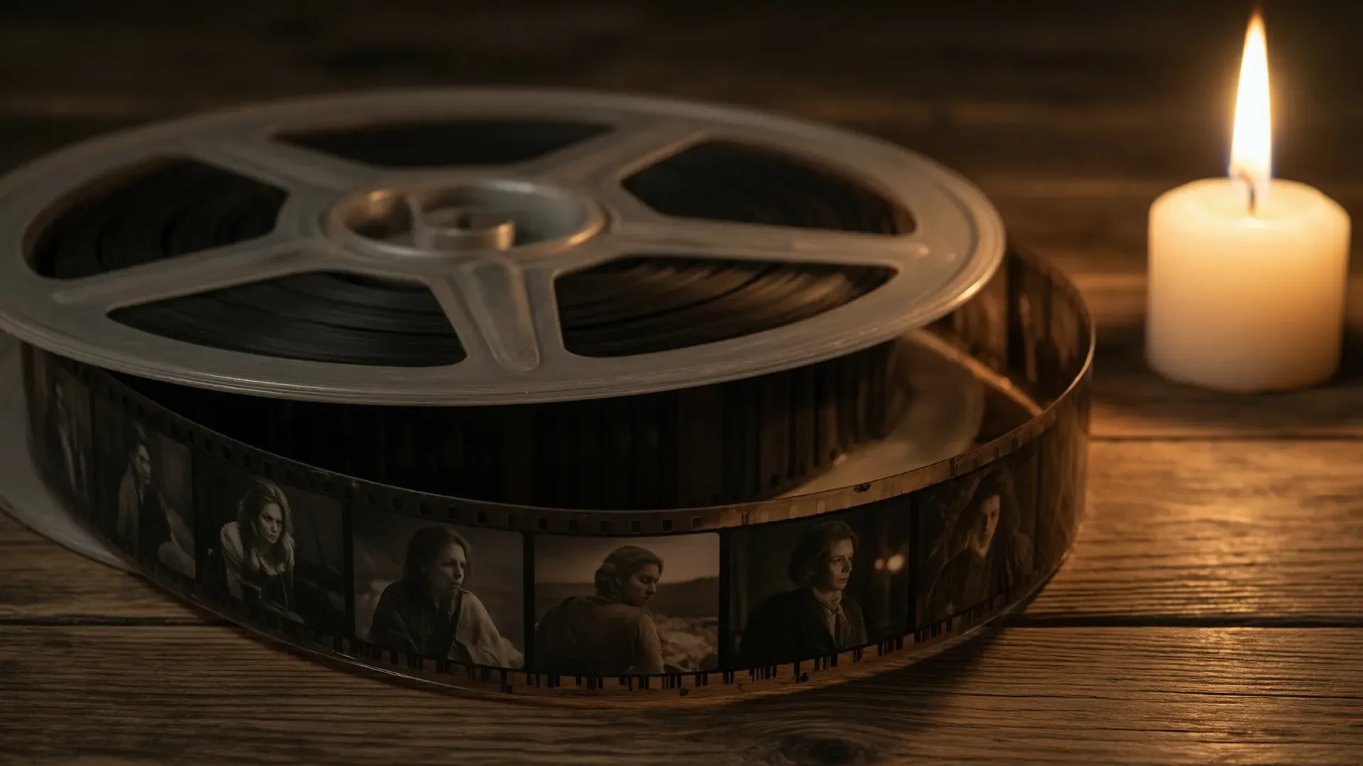A vintage film reel unwinding on a dark wooden surface, the same frames repeating in sequence, lit by a single candle