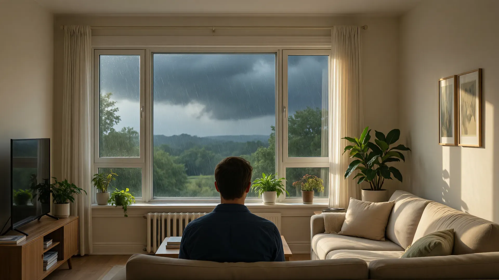 A person sitting calmly in a warm, sunlit living room while a dark rainstorm breaks over the hills outside the window