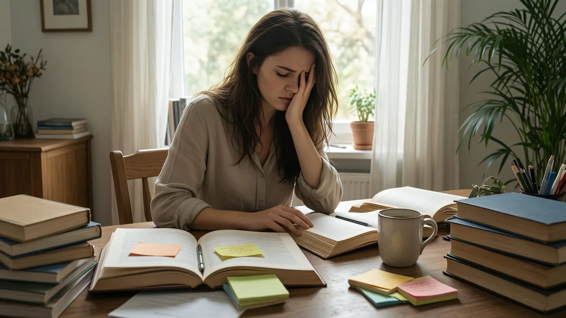Woman sitting at a wooden desk surrounded by open books and colourful sticky notes, resting her head in her hand with a look of quiet frustration, morning light from a window behind her