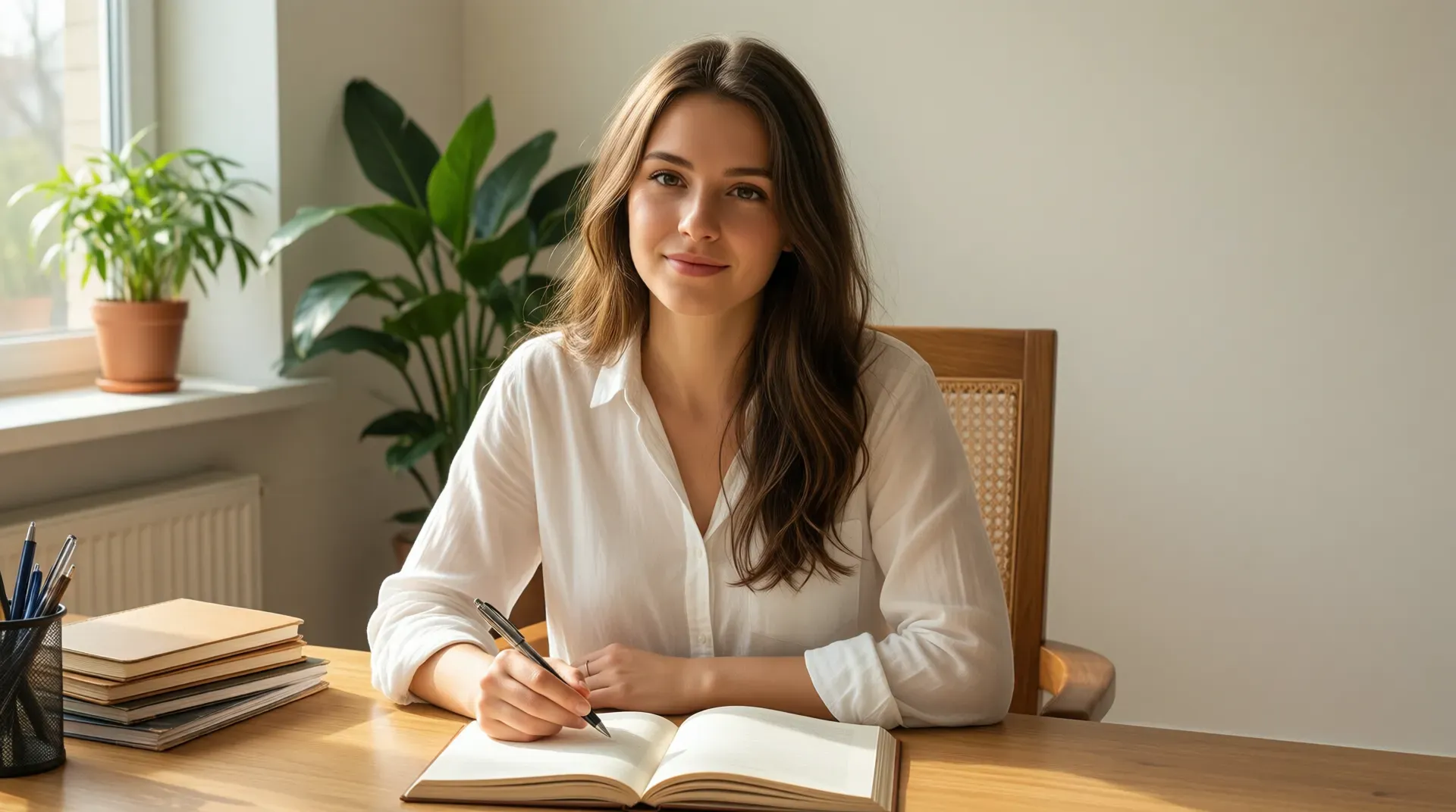 Woman seated at a wooden desk with an open journal, soft morning window light, composed and calm