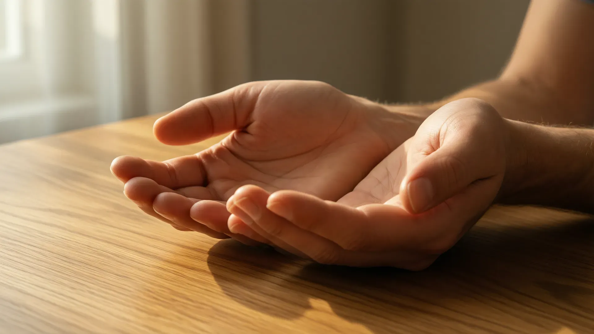 Two open hands resting palm-up and still on a plain wooden table, soft natural window light from the left