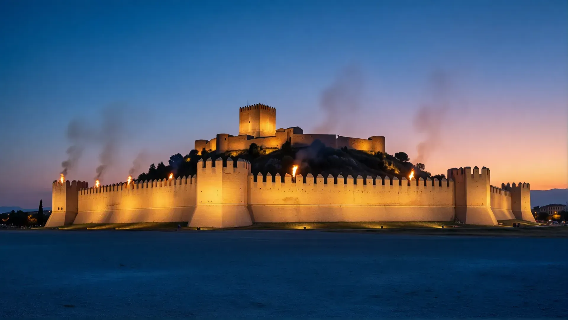 A freshly built Roman hilltop citadel standing intact above a plain at dusk, its dressed stone catching the last gold light, watchfires glowing on the battlements.