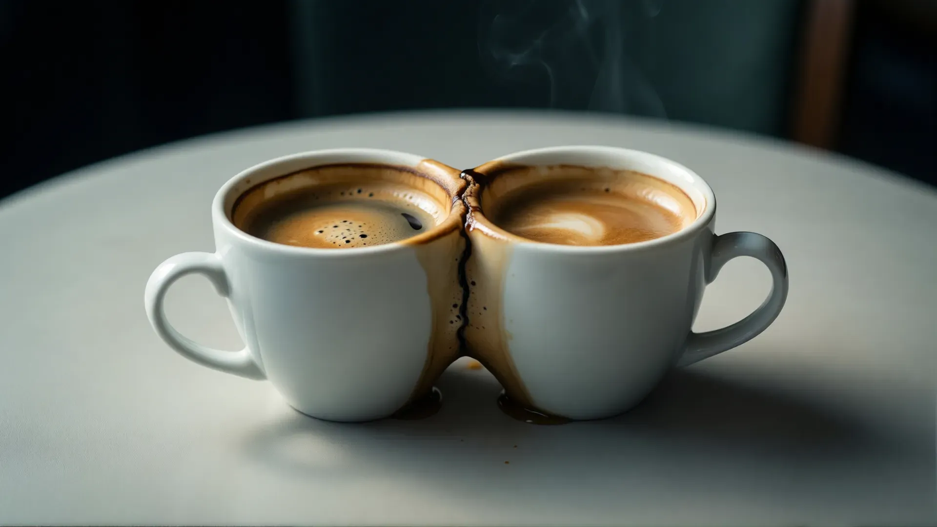 Two white coffee cups fused together into a single joined vessel, dark coffee spilling from the seam where they merged