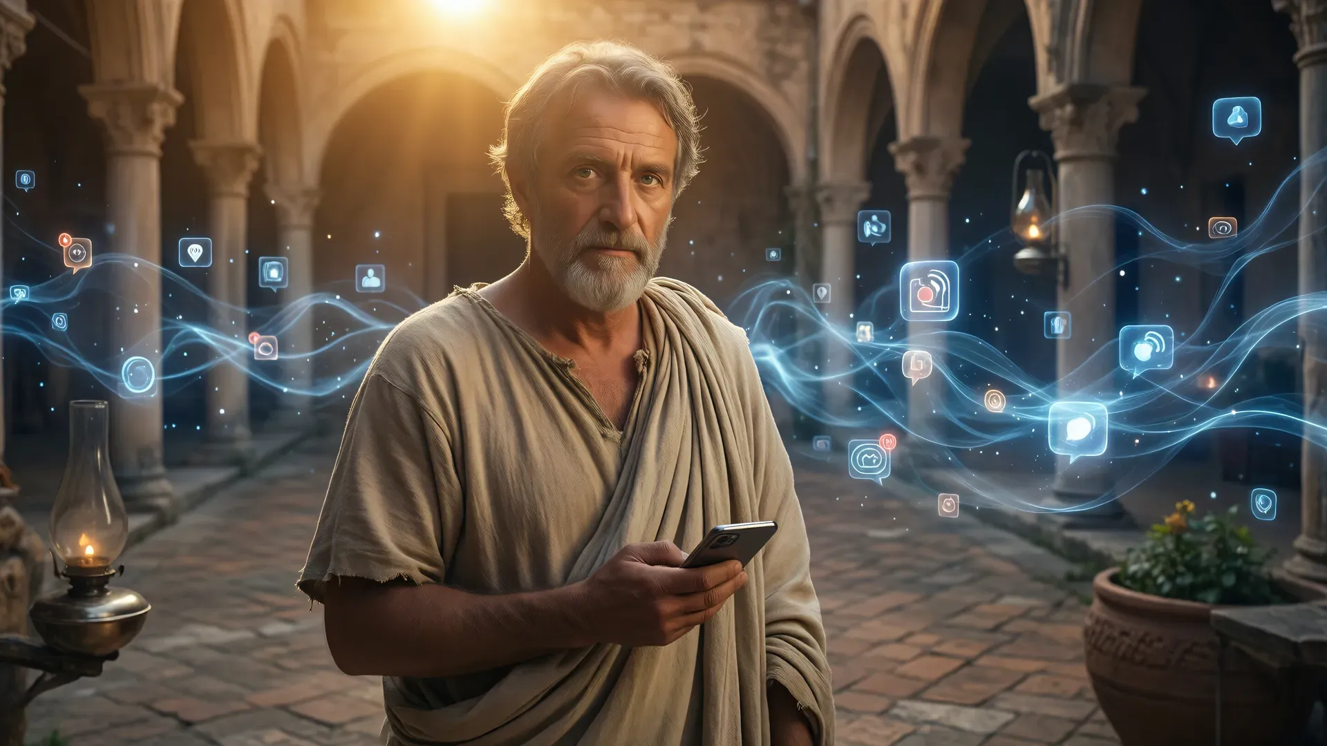 An older bearded philosopher in a linen himation standing in a Roman peristyle courtyard, surrounded by glowing blue social media notification icons drifting through the air like smoke