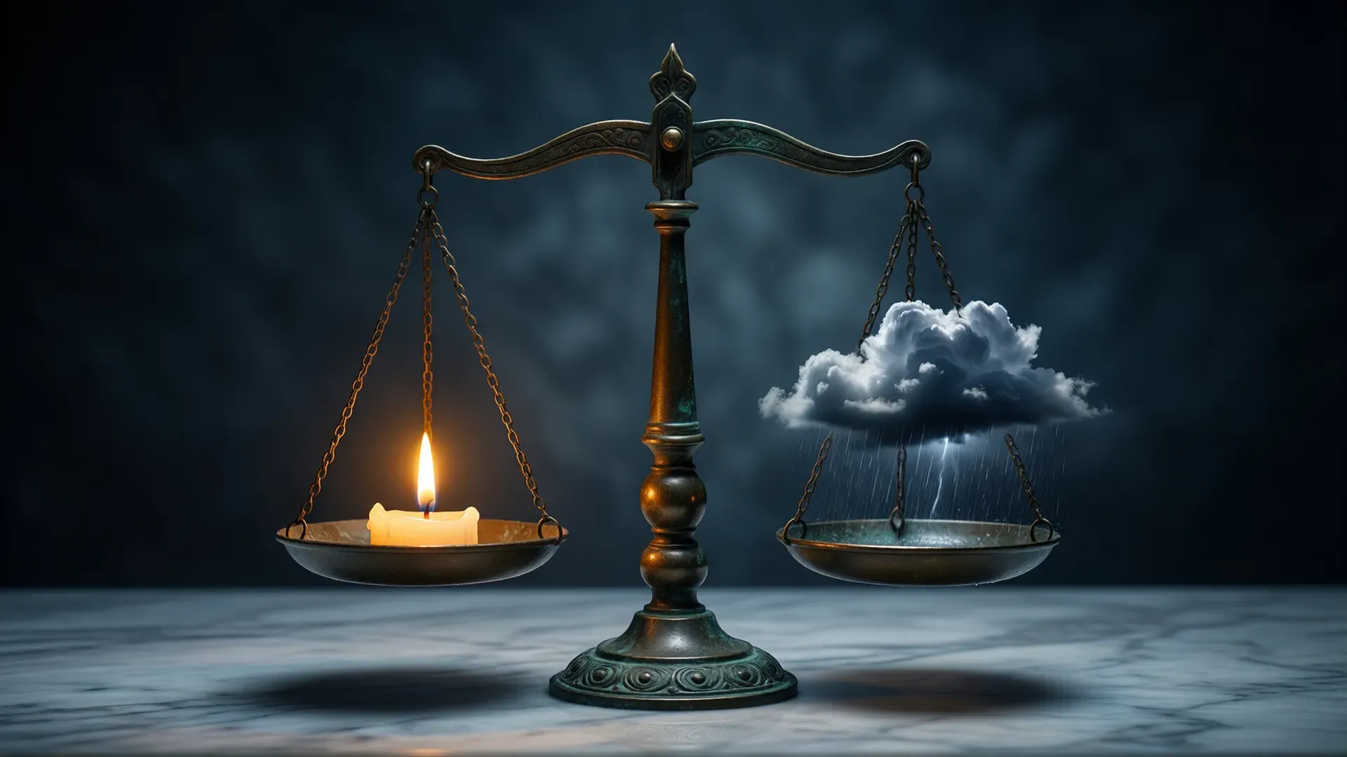 Ancient bronze balance scales holding a steadily burning candle in one pan and a small raining storm cloud in the other, on a marble surface against darkness