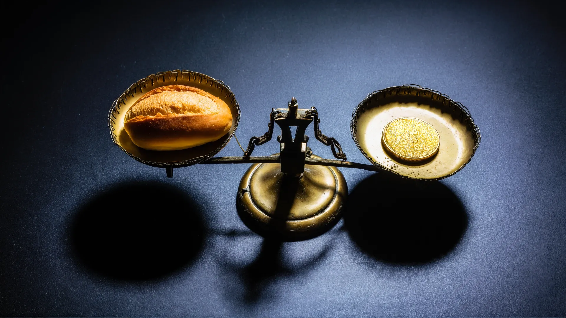 A bronze balance scale on a dark background, a loaf of bread in one pan settled lower than a gold coin in the other — the simple good outweighing the glittering one.