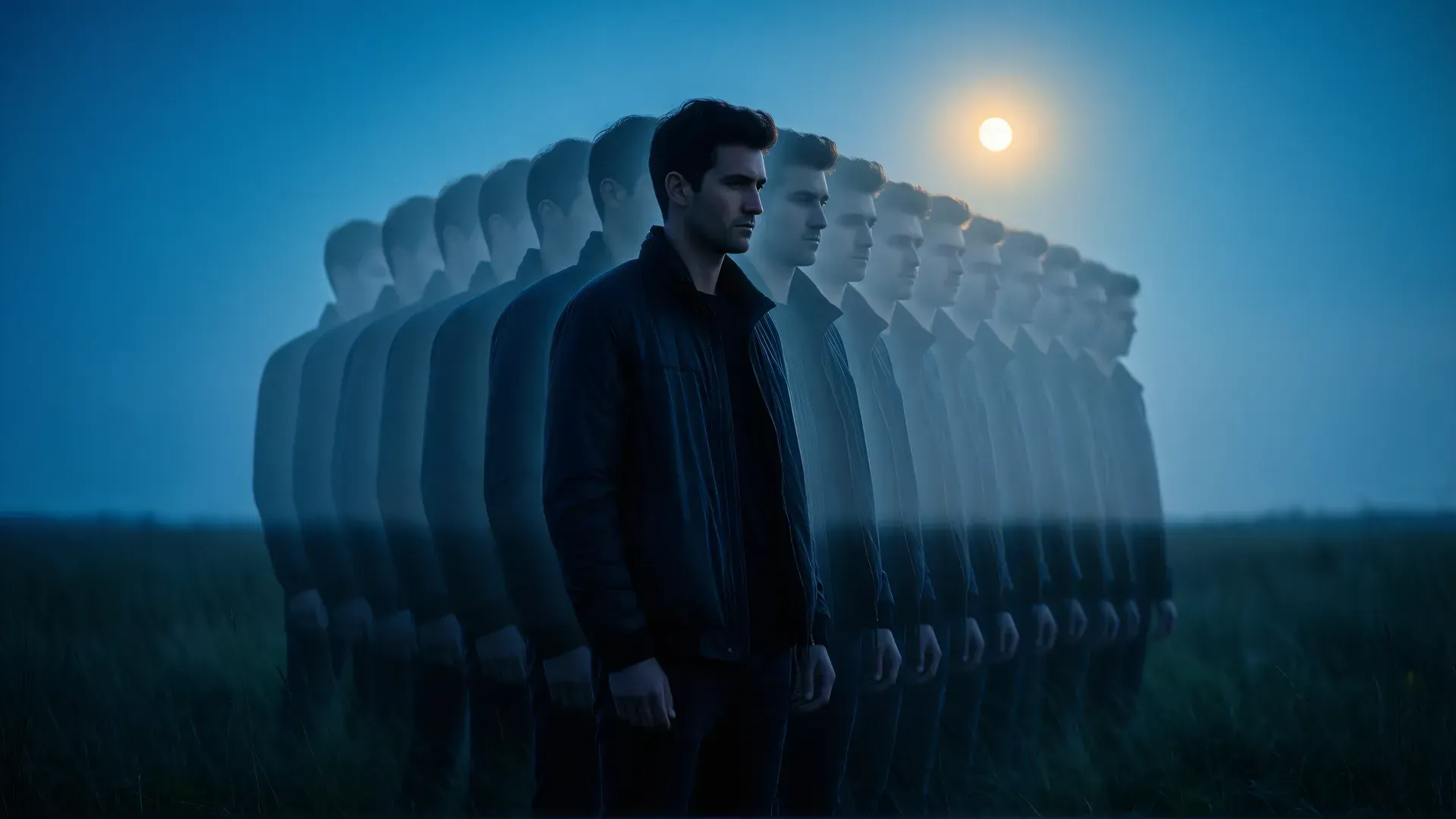 A single contemplative figure under moonlight whose identical silhouette repeats and recedes into the distance, evoking a life lived again and again.