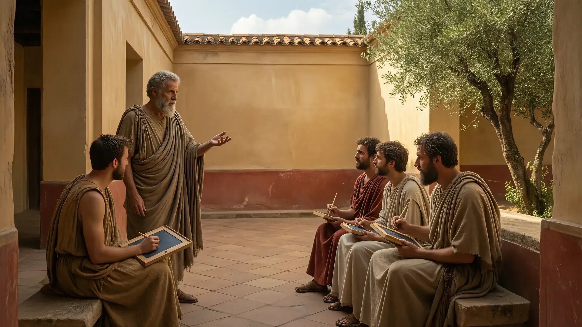 Aristotle teaching students seated on stone benches in a sunlit peristyle courtyard, an olive tree casting dappled shade, students holding wax tablets.