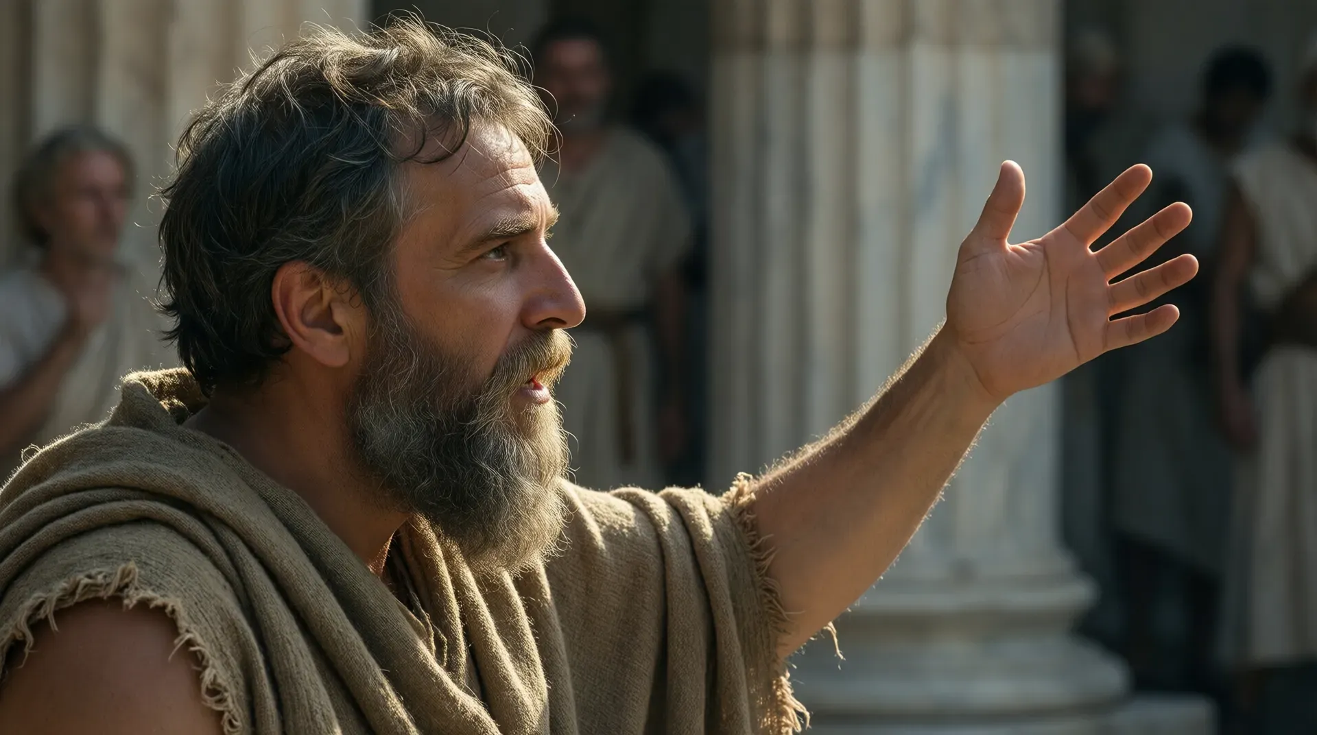 Bearded ancient Greek philosopher in coarse himation raising one open hand mid-argument, Doric column and figures visible behind him