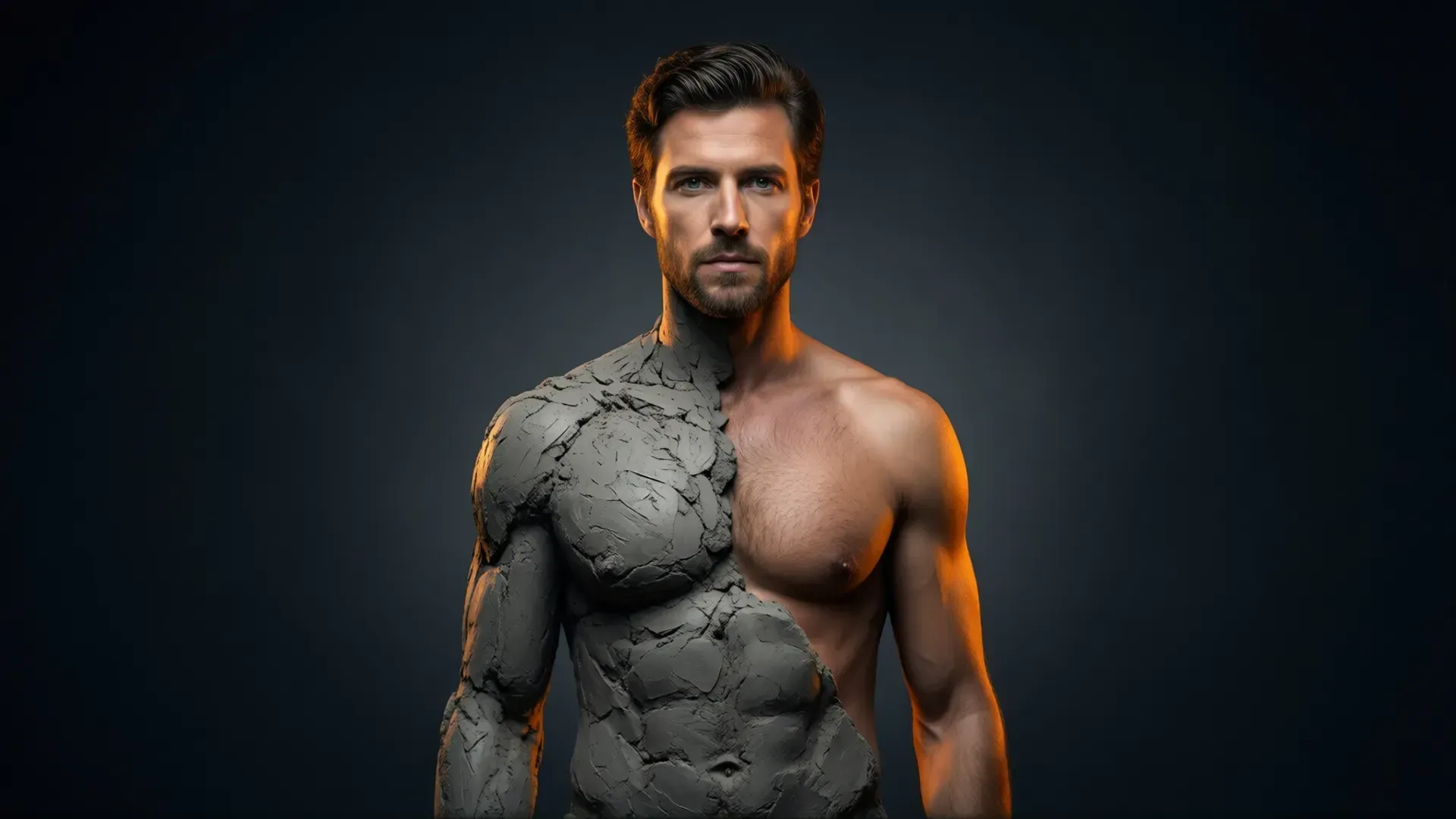 A man whose body is half rough grey clay and half living flesh, the divide running diagonally across his torso — a self being assembled rather than discovered.