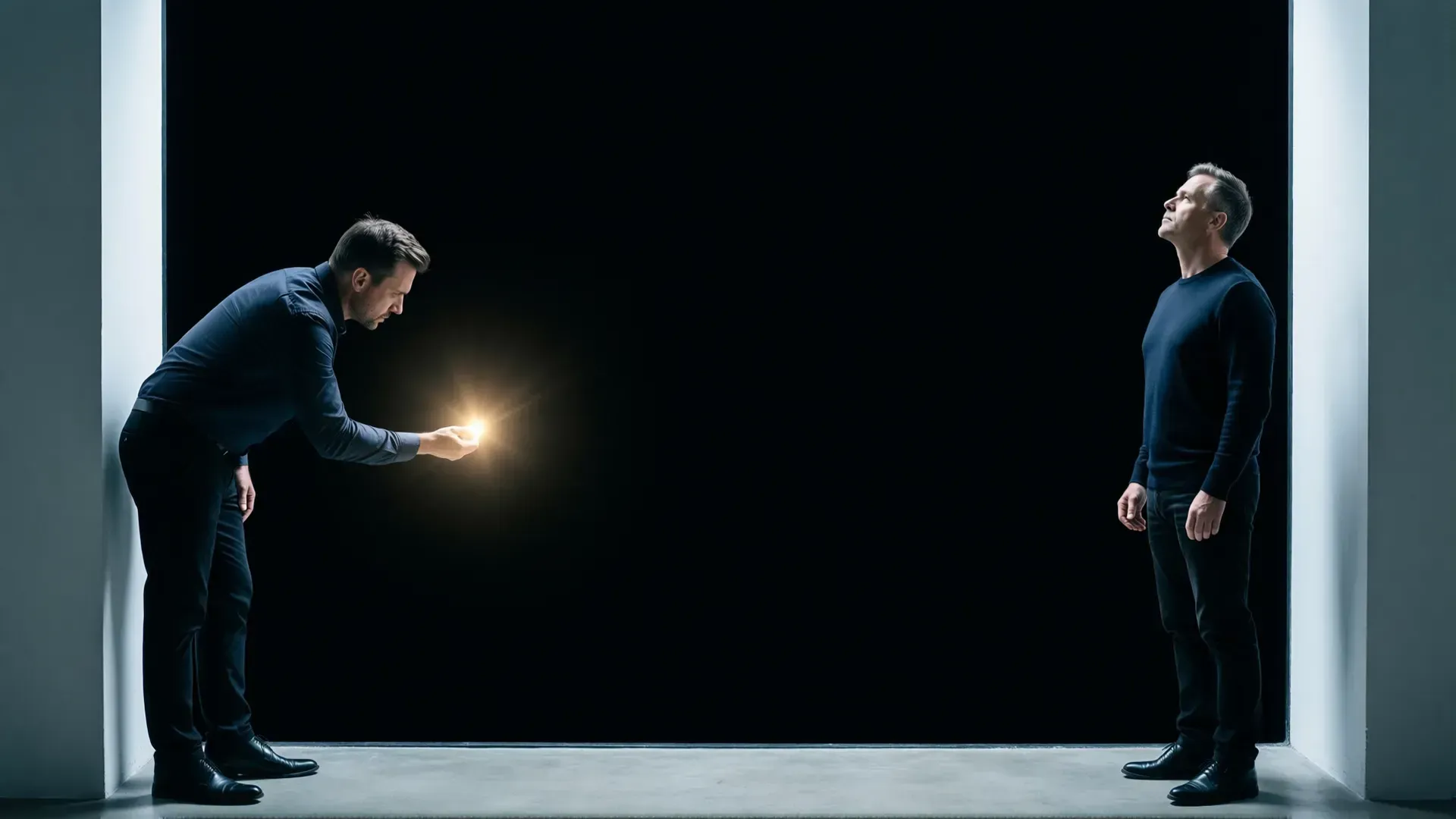 Two men stand at the edge of a vast dark void. One bows forward, holding out a small point of light into the darkness; the other stands upright, head lifted, facing the emptiness calmly — two opposite responses to the same void.