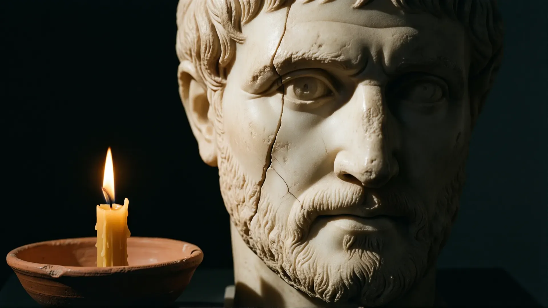 Cracked marble Roman bust beside a tallow candle in a clay dish, lit against a dark background