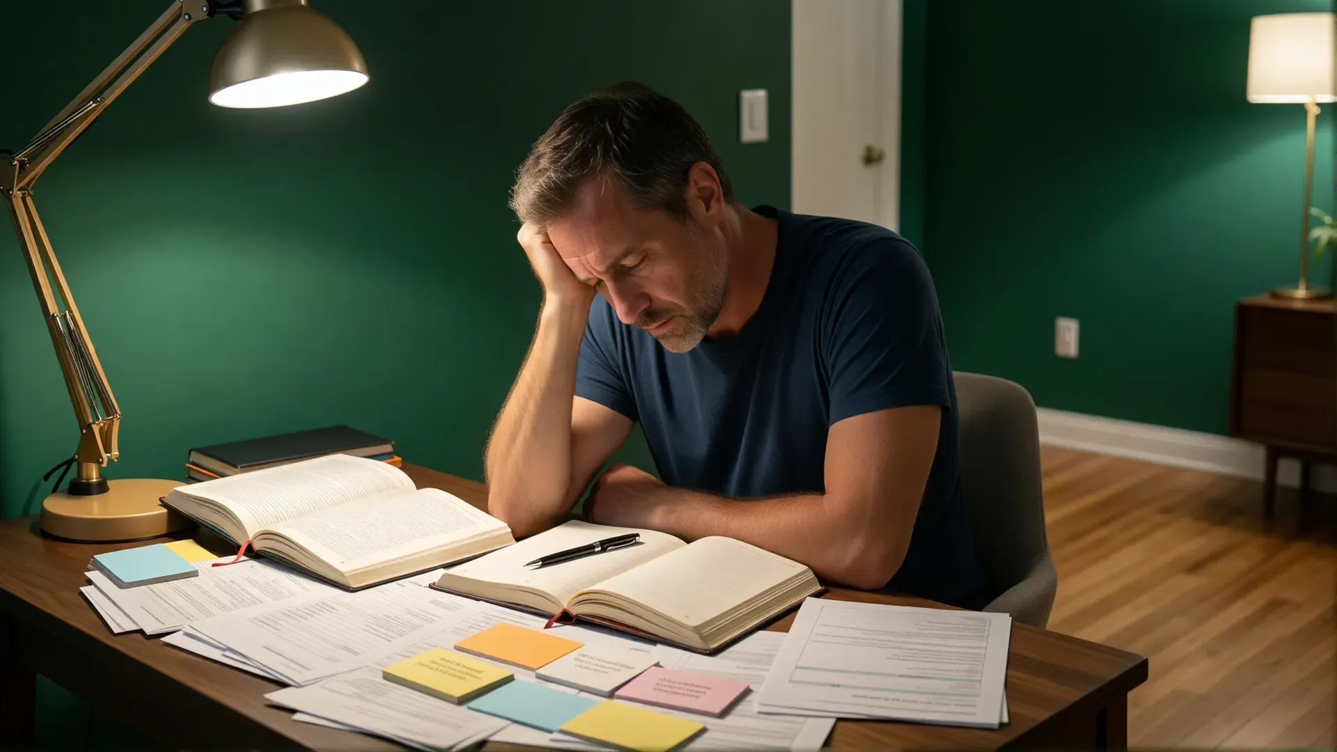 A man in his forties at a desk late at night, head resting on one hand, surrounded by open journals, worksheets and index cards under warm lamplight