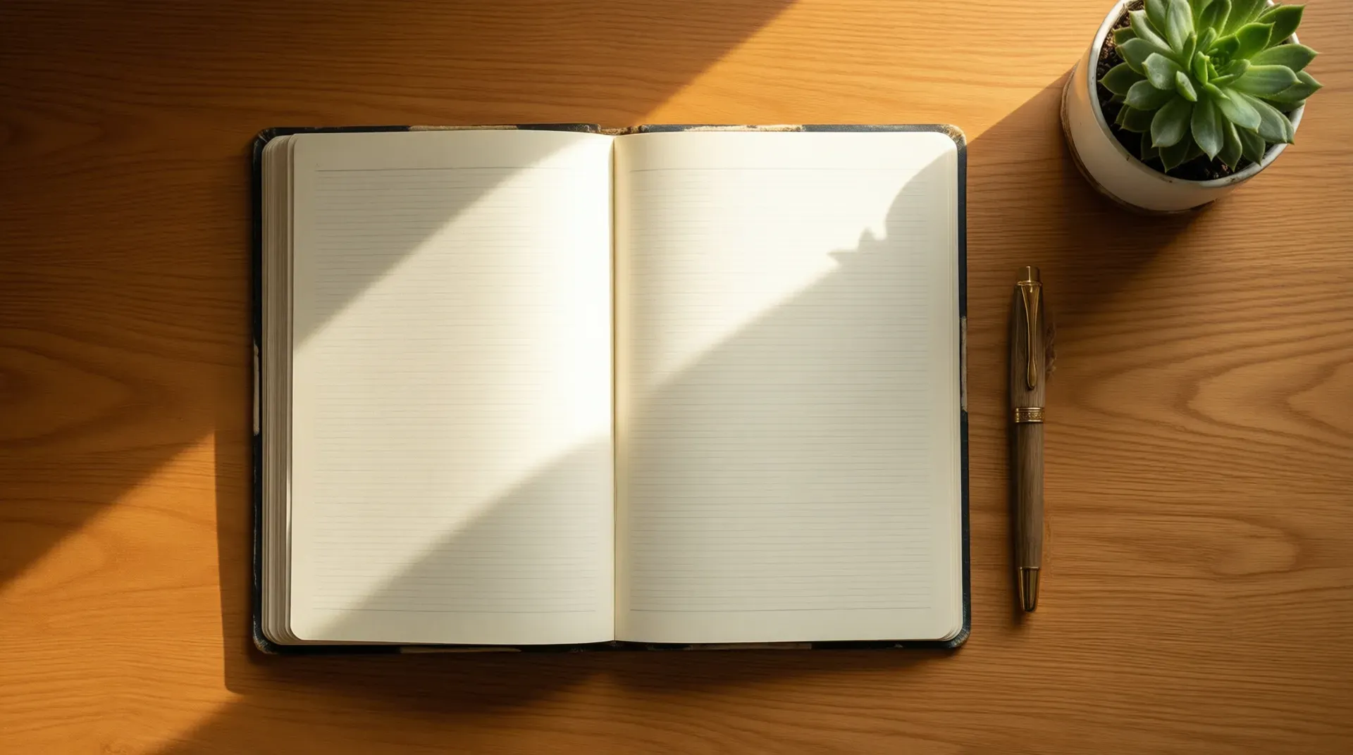 Open journal with blank lined pages beside a gold-trim pen and small succulent plant on a warm wooden desk in soft morning light