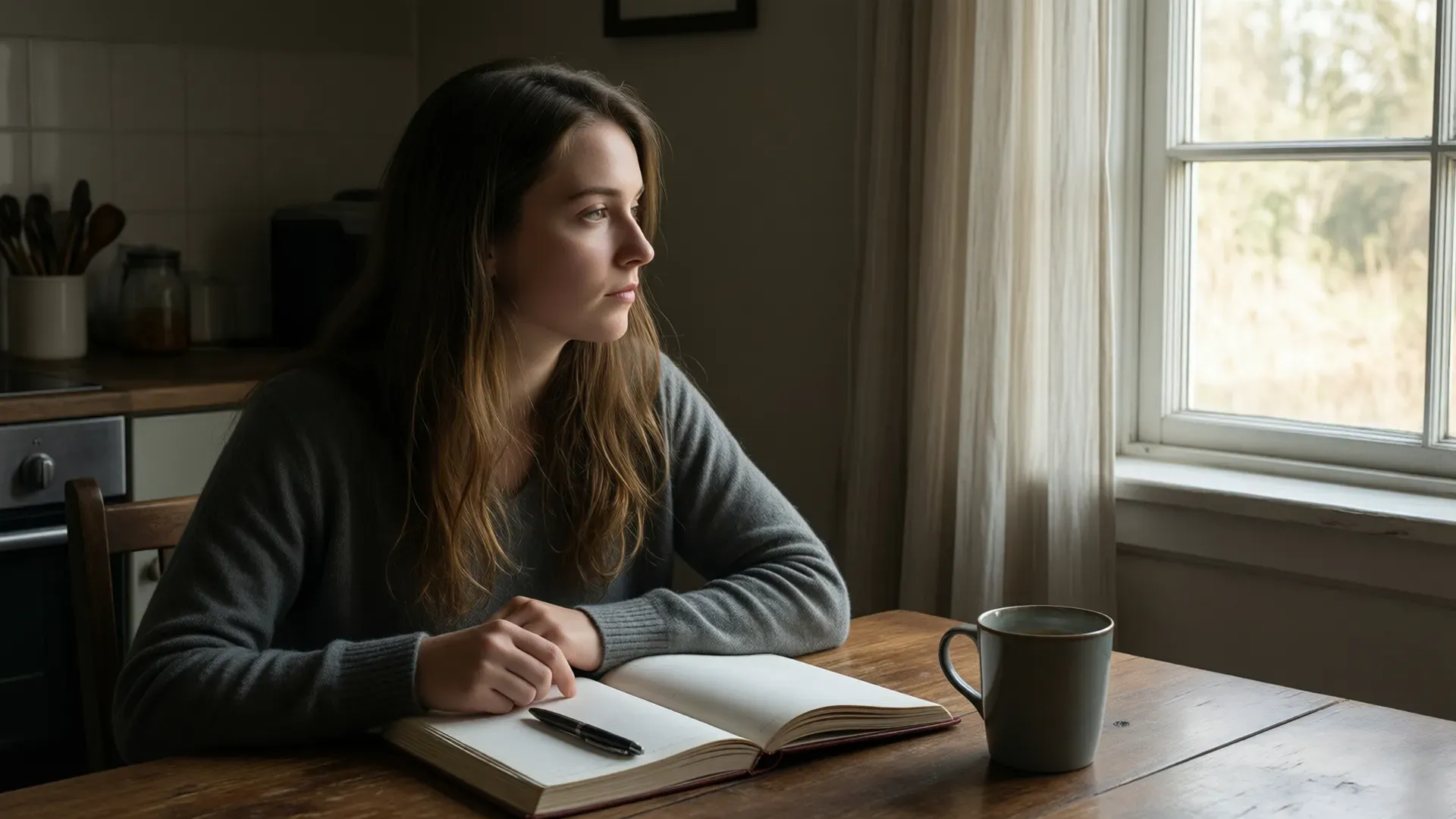 A woman sits at a kitchen table with an open blank journal and untouched coffee, gazing past the window — the tools for self-examination present but unused