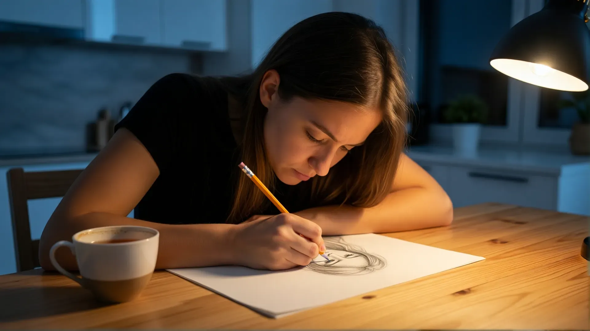 A young woman bent over a sketch at a kitchen table late at night, absorbed in drawing under a warm desk lamp, a cup of tea cooling beside her