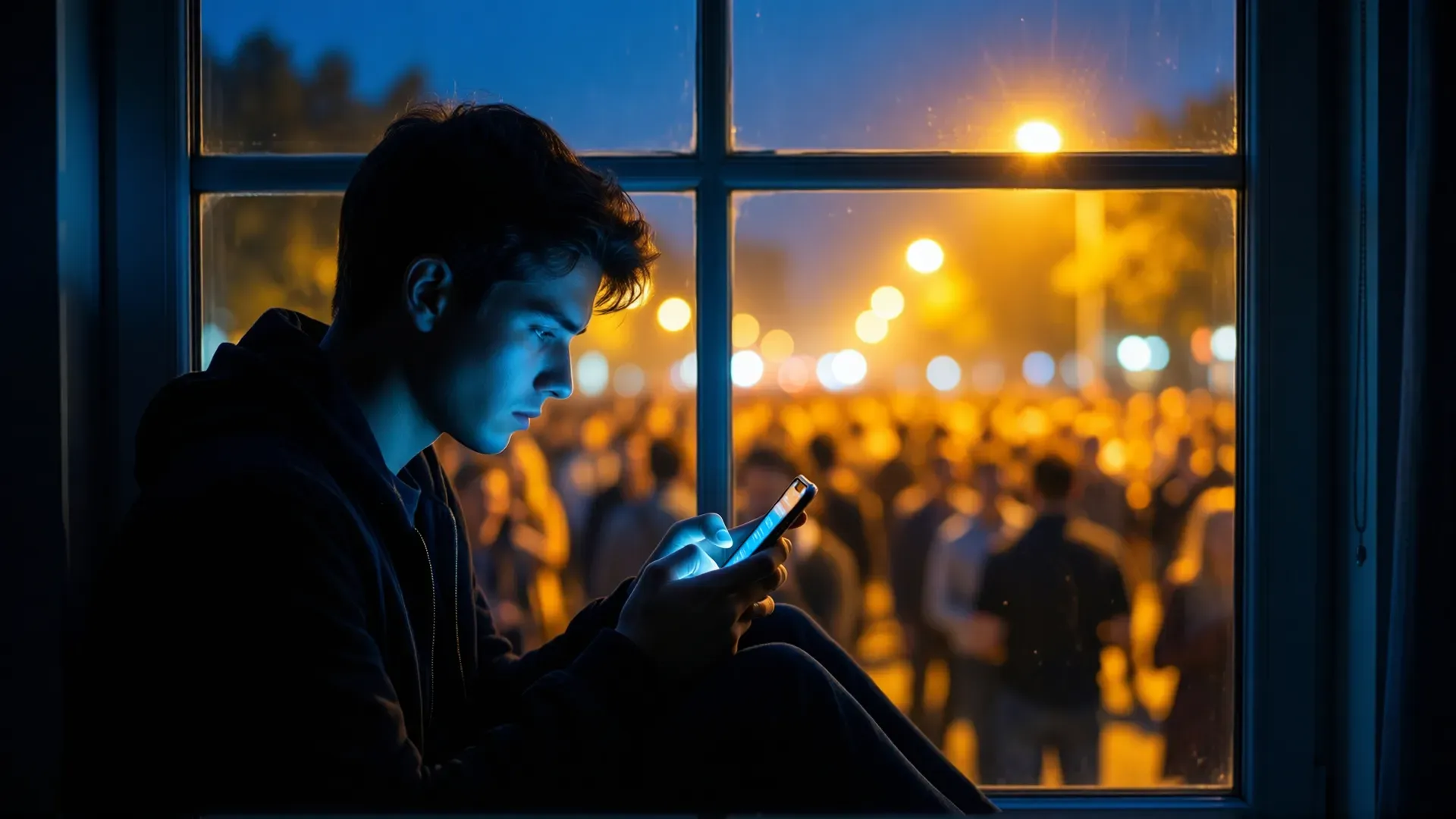 A young man silhouetted at a dark window at night, his face lit blue by a phone screen, while a warm blurred crowd gathers out of focus beyond the glass.