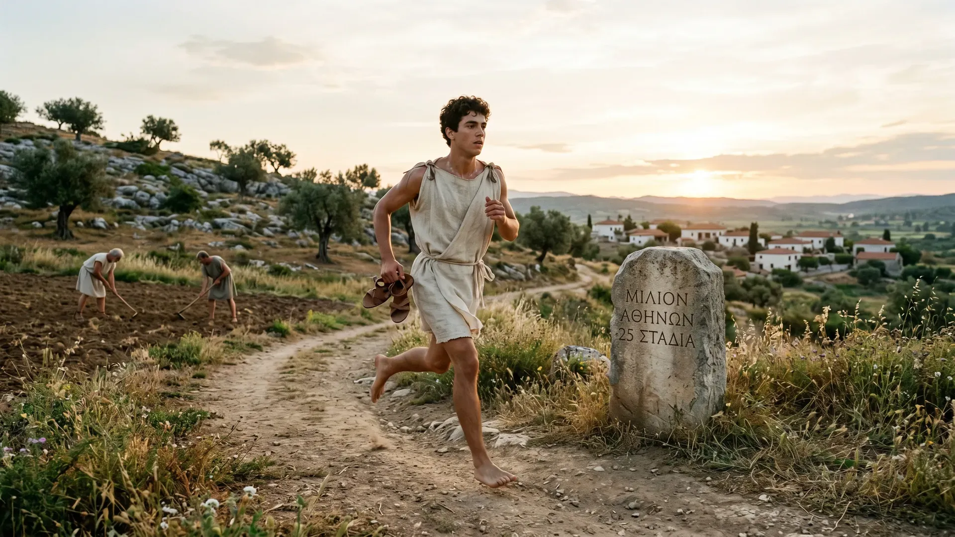 A barefoot young Athenian man in a linen tunic runs past a stone milestone inscribed in Greek on a dusty path through an olive grove, with a village visible in the valley below at golden hour.