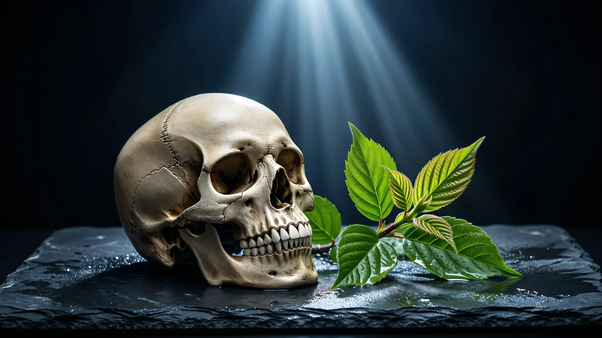 A pale human skull beside a fresh green leafy sprig on dark wet slate, lit by a shaft of cool light