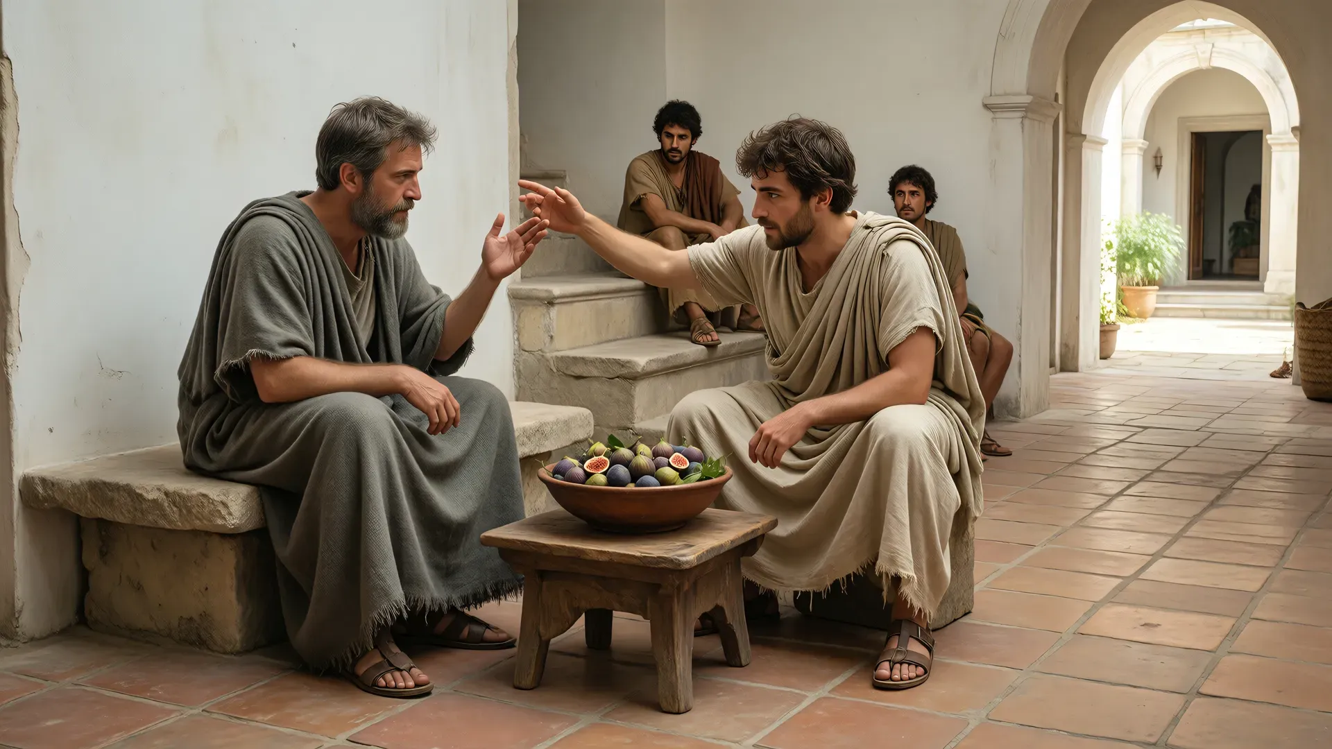 A Greek philosopher gestures to pause a student reaching toward a bowl of figs — the moment of wanting before having.