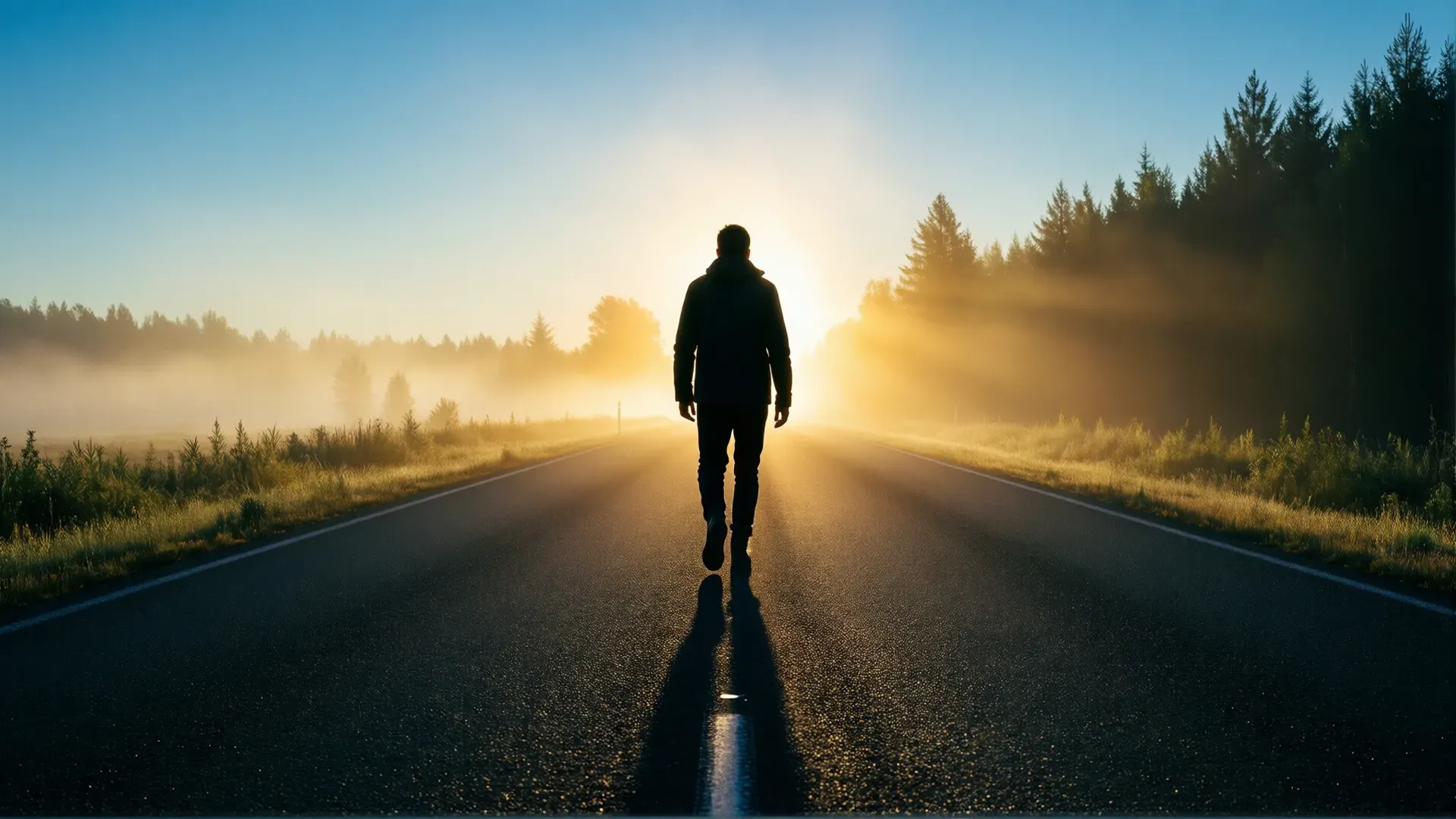 A lone silhouetted figure walking forward along an open road at dawn, mist lifting over the trees and the rising sun ahead
